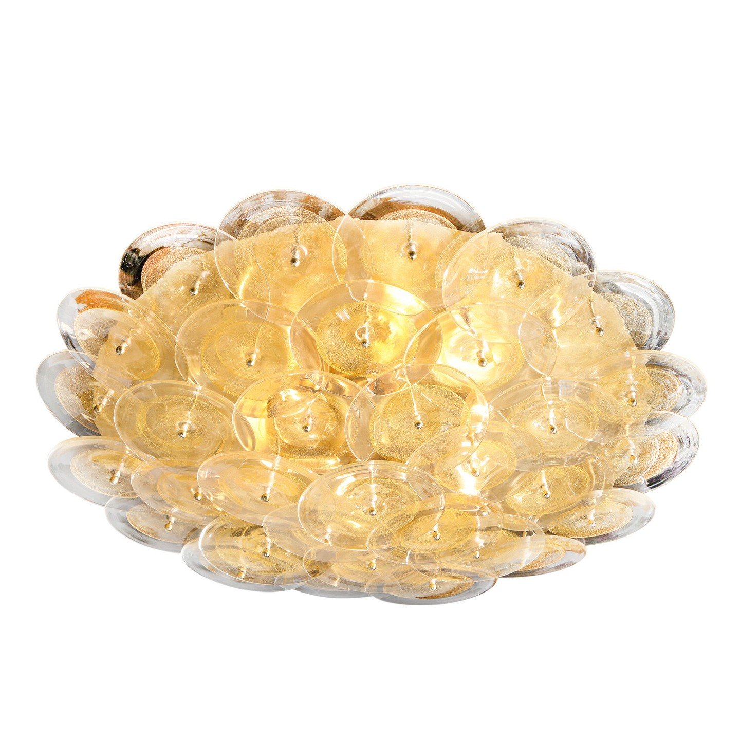 Modernist Brass Flush Mount with Handblown Murano Gold and Translucent Glass Discs

This handblown Murano chandelier is composed of an abundance of overlapping translucent Murano discs with 24kt yellow gold flecks attached to a polished brass base. T