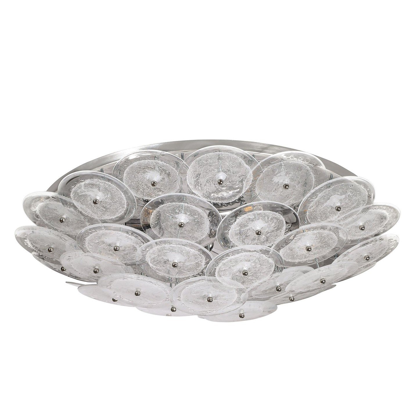 Flush Mount Murano Disc Chandelier in Clear Glass and Chrome Frame

Flush mount chandelier with handblown Murano clear glass discs in the Manner of Vistosi. This flush mount chandelier consists of an array of numerous, individually attached handblown