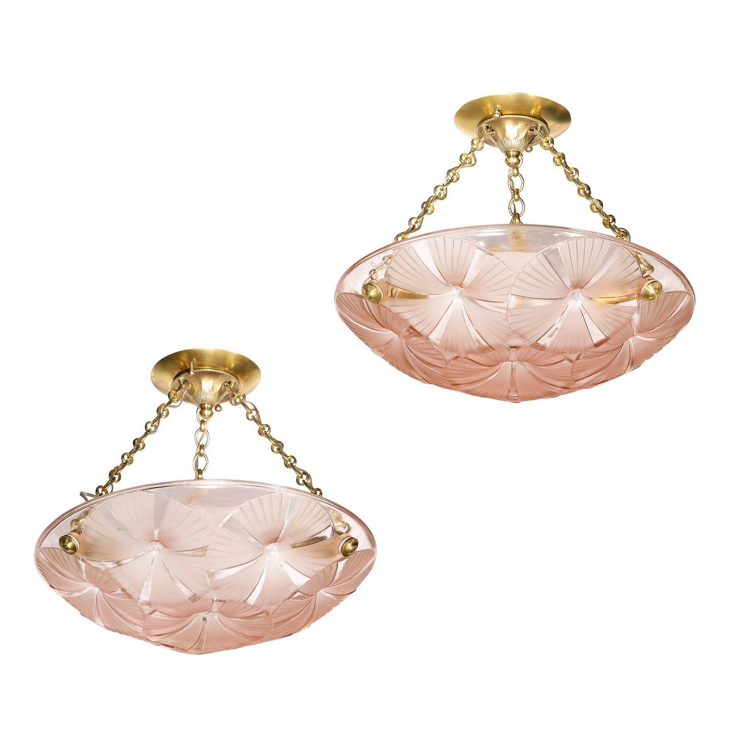 Pair of Art Deco Pendant Chandeliers in Molded &amp; Frosted Rose Glass signed Degue

This alluring and materially exquisite Pair of Art Deco Pendant Chandeliers in Molded &amp; Frosted Rose Glass are signed Degue and they originate from France, Circ