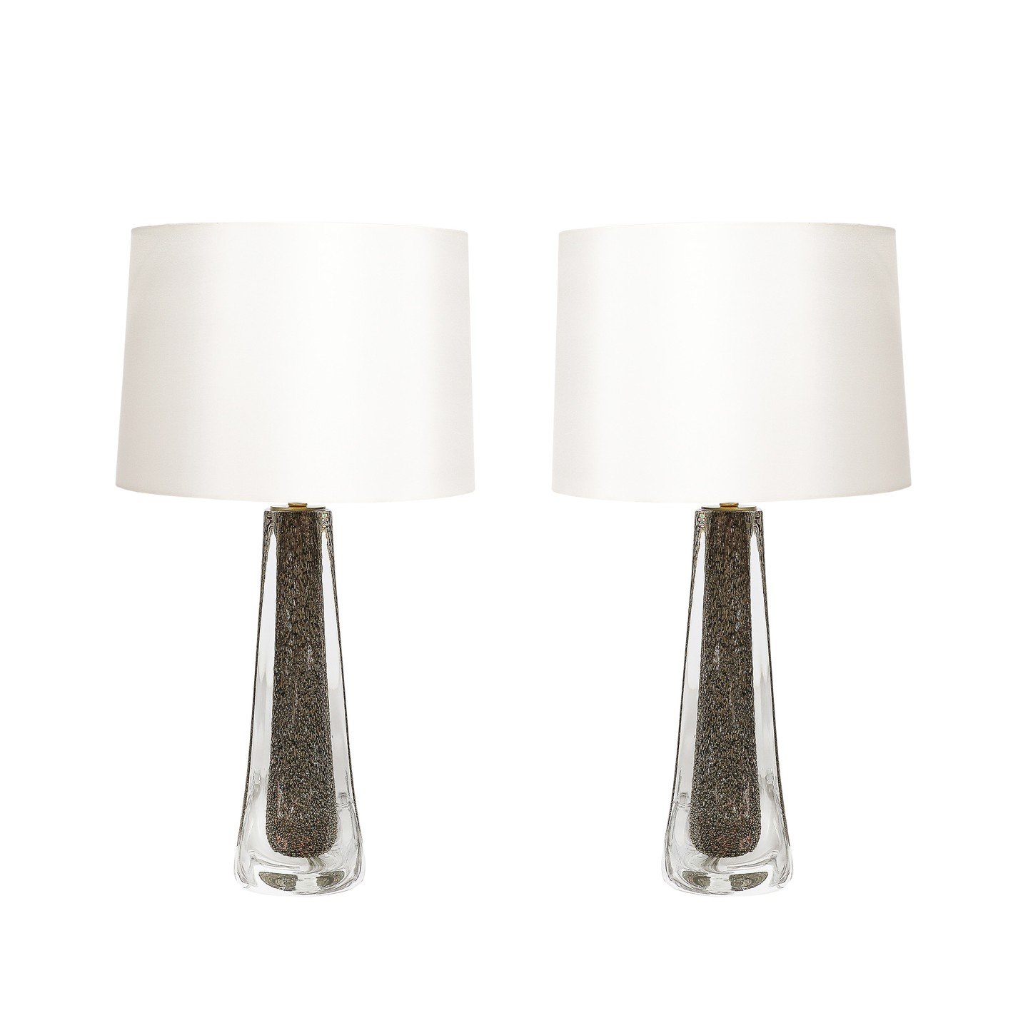 Modernist Hand-Blown Murano Bullicante Detailed Glass &amp; Brass Fitted Table Lamps

These bold and materially stunning Modernist Hand-Blown Murano Glass Table Lamps W/ Bullicante Detailing in Smoked Bronze &amp; Brass Fittings originate from Italy 