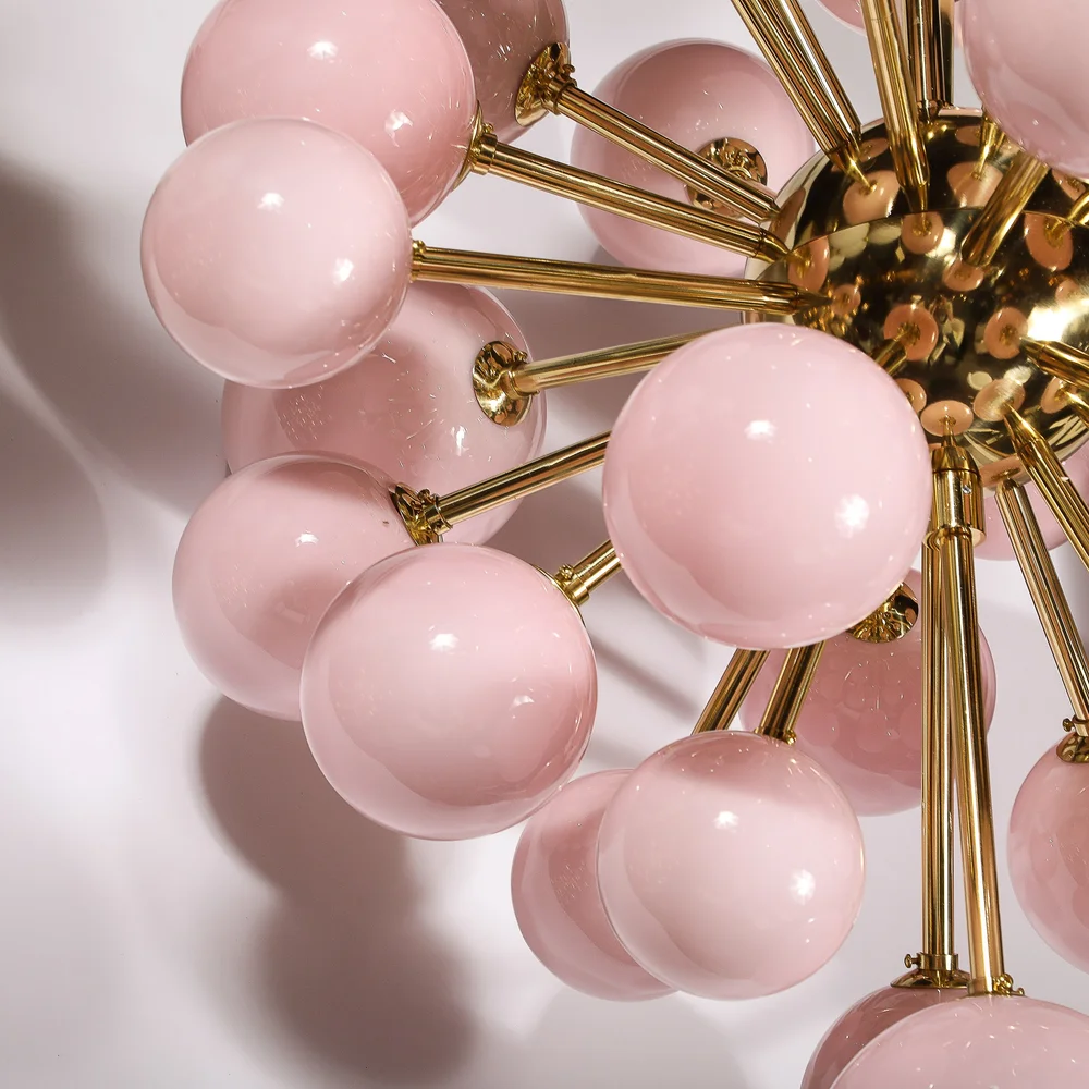 Modernist Handblown Murano Frosted Pink Hue Glass & Brass Sputnik Chandelier — High Style Deco