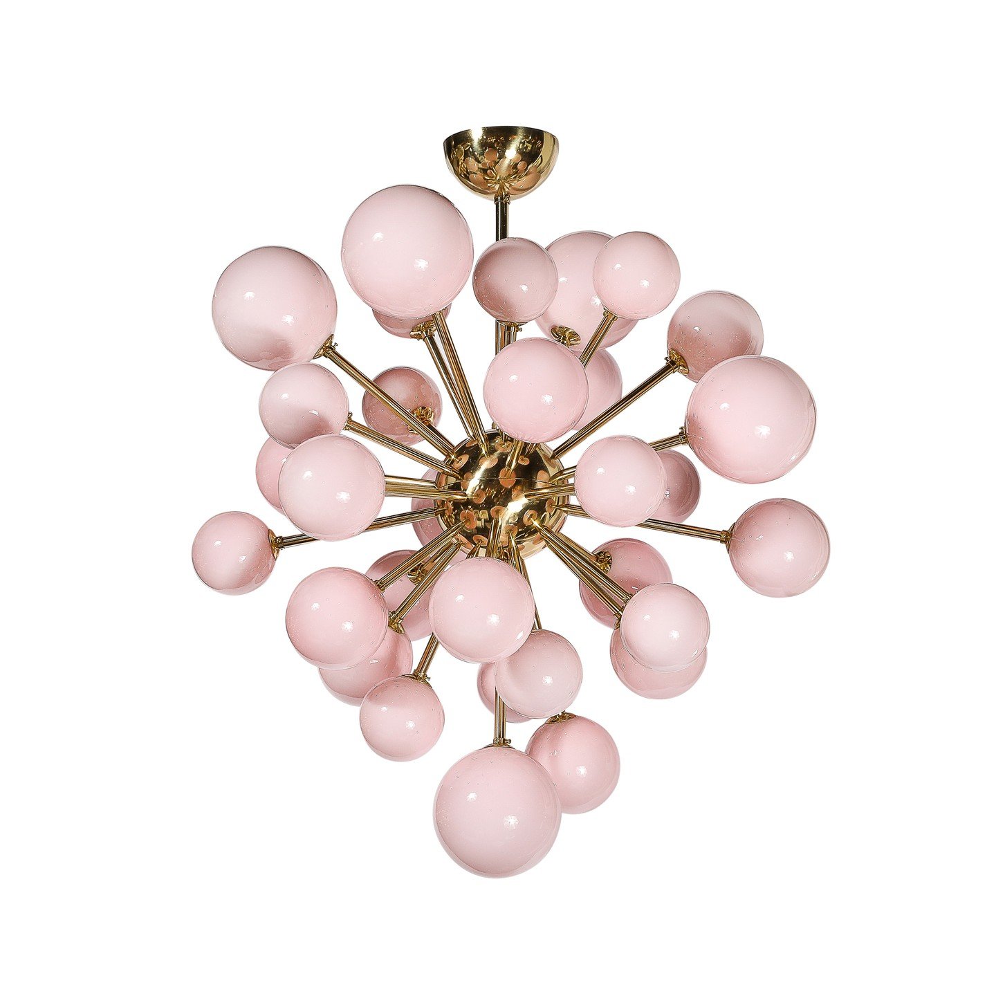 Modernist Handblown Murano Frosted Pink Hue Glass &amp; Brass Sputnik Chandelier

This elegant and well balanced Modernist Handblown Murano Glass Sputnik Chandelier w/ Frosted Pink Hued Shades &amp; Brass Fittings originates from Italy during the 21s
