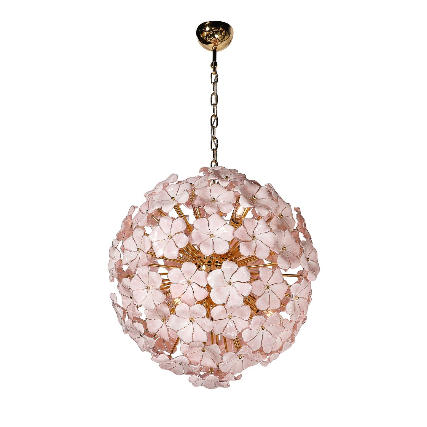 Modernist Hand-Blown Murano Glass Sakura Pink Floral Chandelier &amp; Brass Fittings

This ornate and alluring Modernist Hand-Blown Murano Glass Sakura Pink Floral Chandelier W/ Brass Fittings originates from Italy during the 21st Century. Composed o