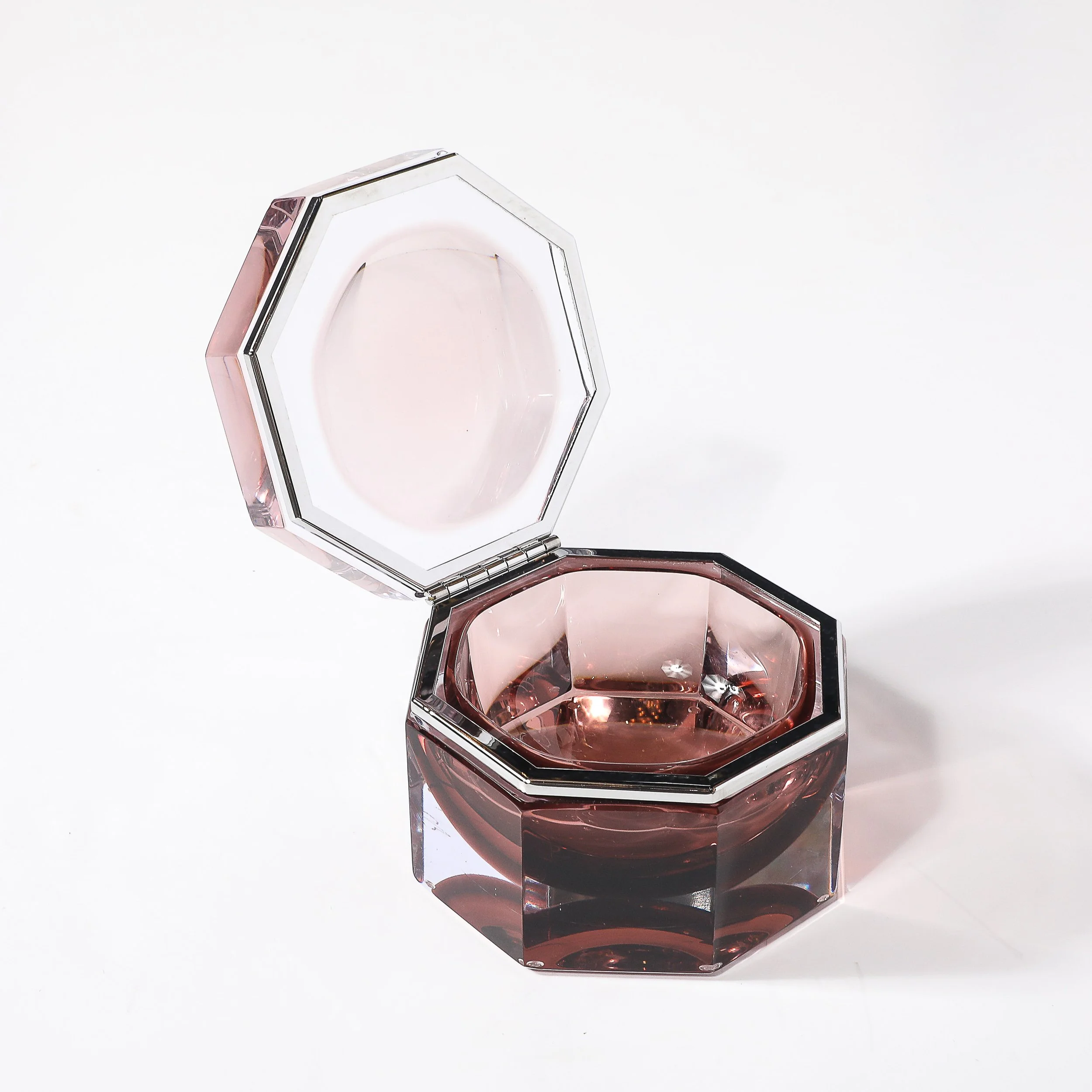 Modernist Octagonal Handblown Murano Glass Box in Smoked Ruby W: Polished Nickel - High Style Deco 12.jpg