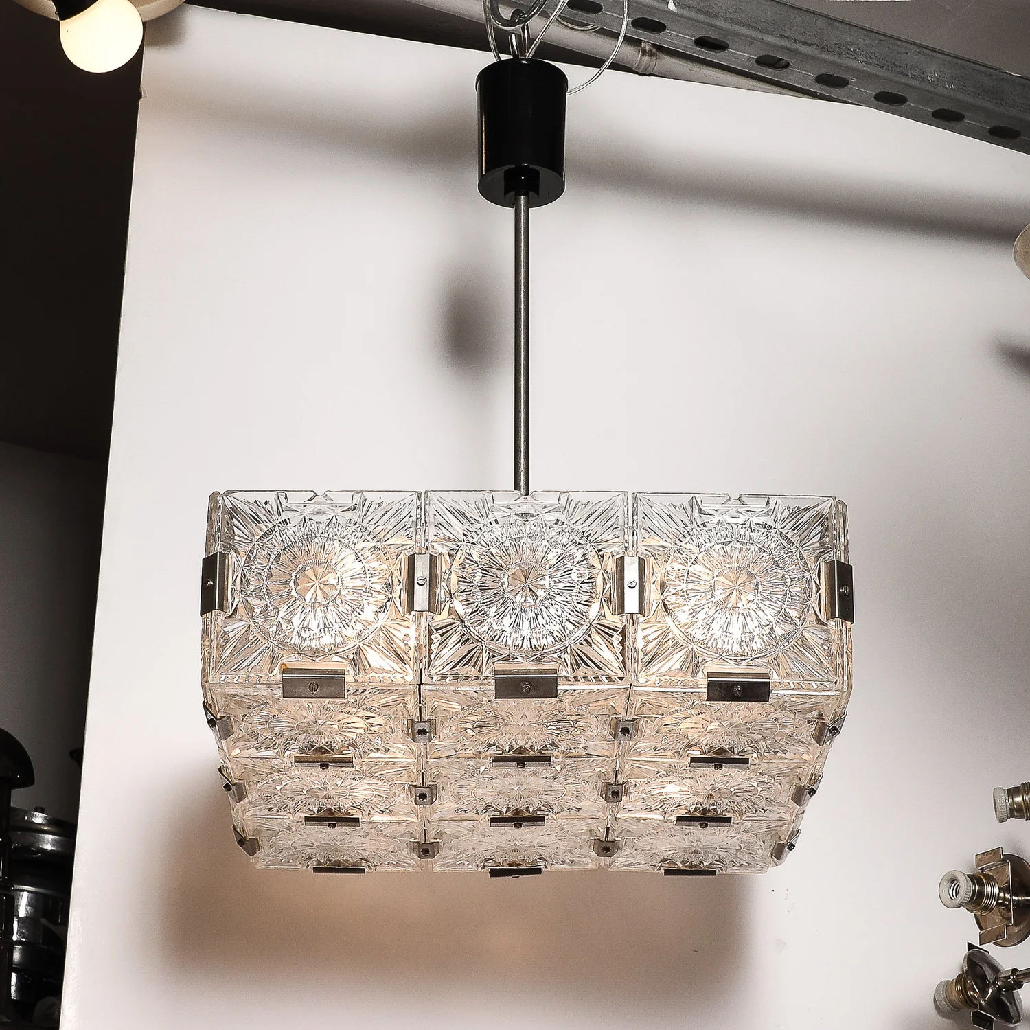 Mid-Century Rectilinear Cut Glass Nickel Clipped Chandelier by