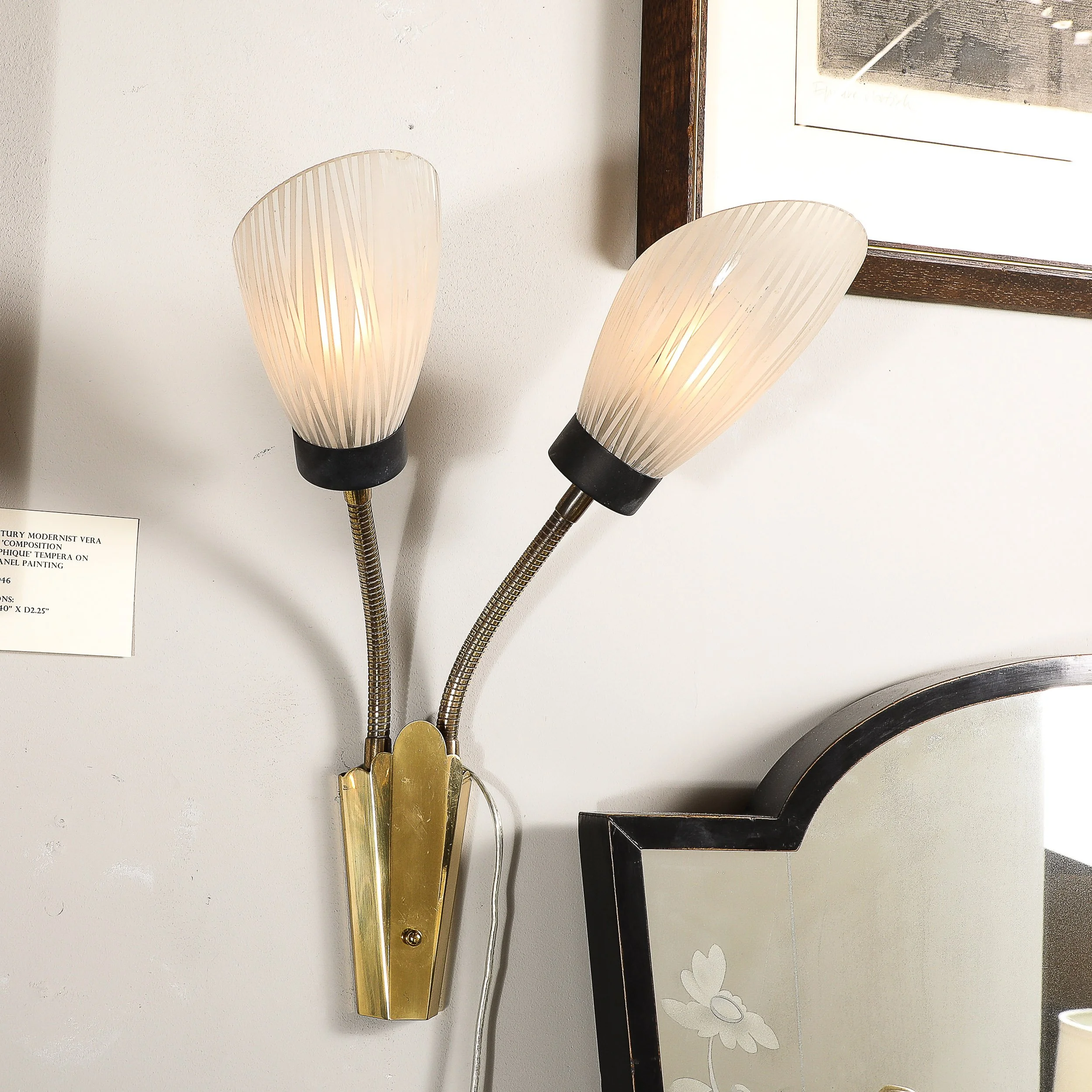 Pair of Mid-Century Tulip Form Articulating Frosted Glass & Brass Fitted Sconces - High Style Deco 5.jpg