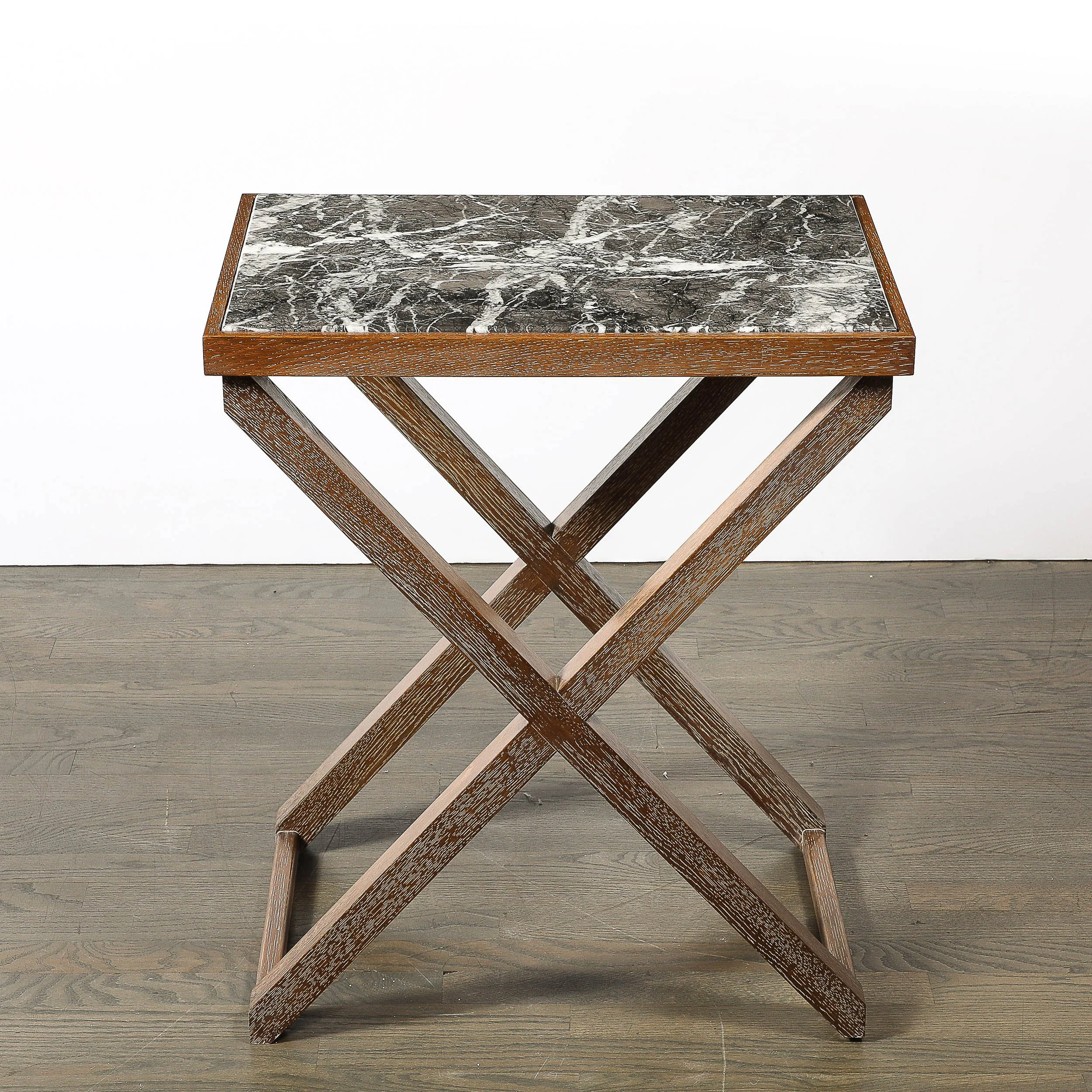 Modernist Oak X Base Side Table W: Marble Inlayed Top by Mattaliano - High Style Deco 1.jpg