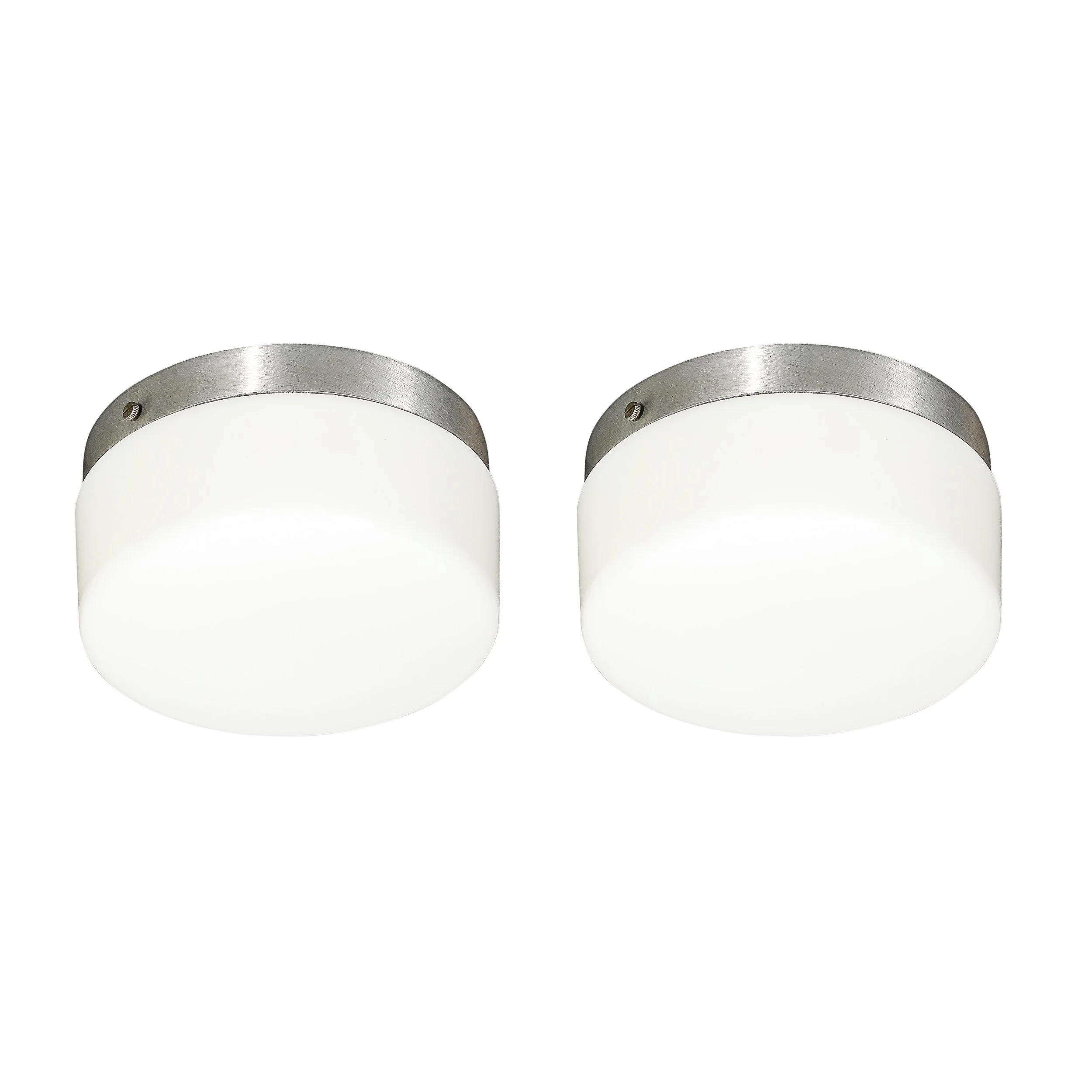 Pair of Mid-Century Cylindrical Milk Glass Flush Mounts w: Brushed Aluminum - High Style Deco.jpg