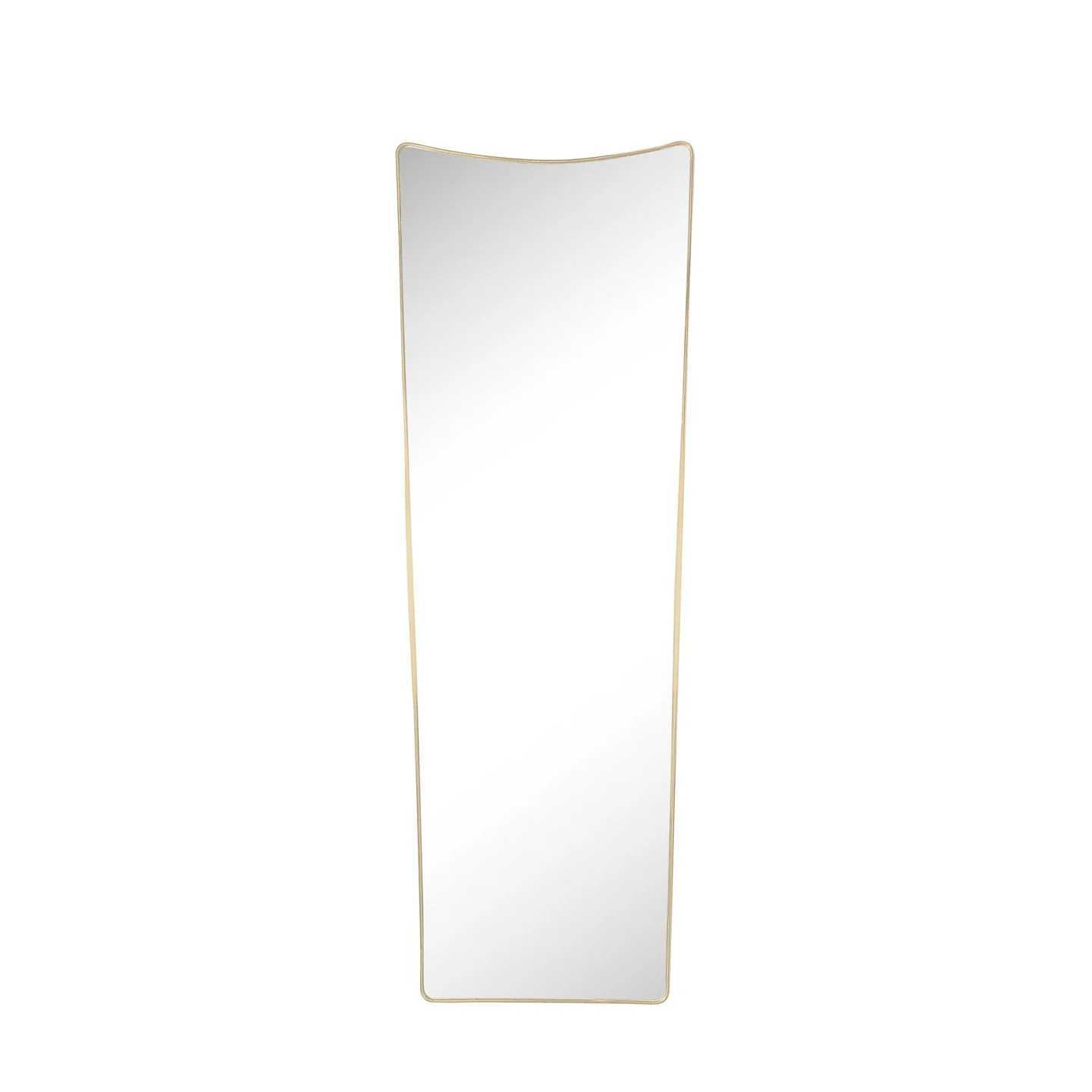 Mid-Century Modernist Elongated Brass Wrapped Mirror with Curved Top Detailing

Italy, circa 1950

Dimensions: 

Height: 68 in (172.72 cm) x Width: 24 in (60.96 cm) x Depth: 1 in (2.54 cm)

Width at Bottom: 19.5&quot;
.
.
.
.
.
#antiquefurniture
#vin