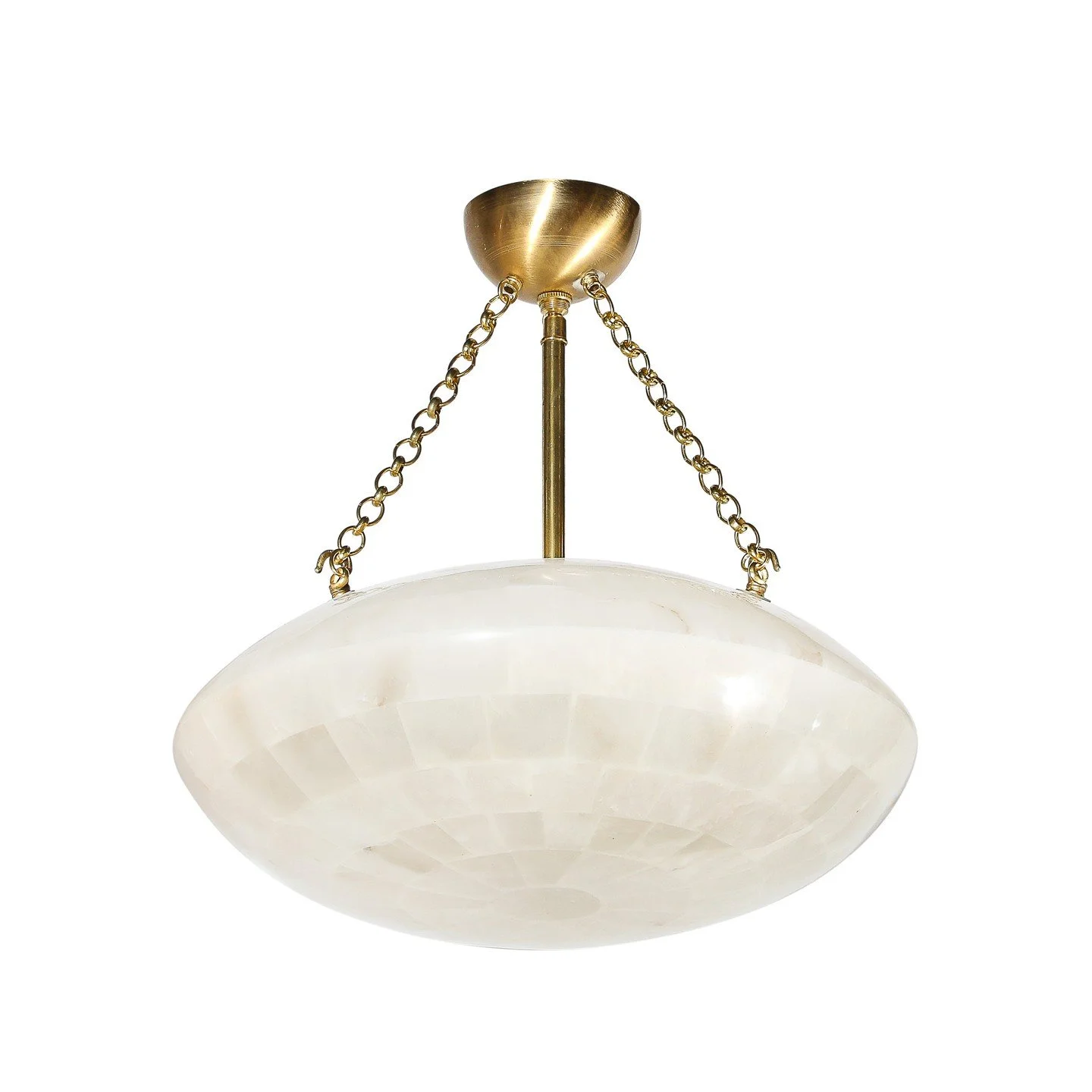Mid-Century Modernist Tessellated Alabaster Pendant Chandelier w/ Brass Fittings

France, Circa 1950

Dimensions: 

Overall Height: 20.5 in (52.07 cm) x Diameter: 18.5 in (46.99 cm)

Body Height: 7&quot;
.
.
.
.
.
.
#antiquefurniture
#vintagefurnitur