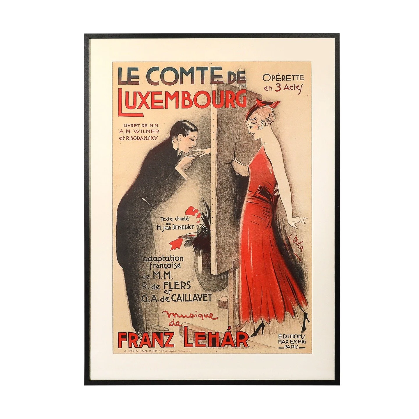 Art Deco Lithograph Poster Franz Lehar, Le Comte de Luxembourg by Georges Dola

France, Circa 1934

Dimensions:

Frame - Height: 55 in (139.7 cm) x Width: 40 in (101.6 cm) x Depth: 1.25 in (3.18 cm)

Canvas - Height: 45.5&quot; x Width: 31&quot;

Cre