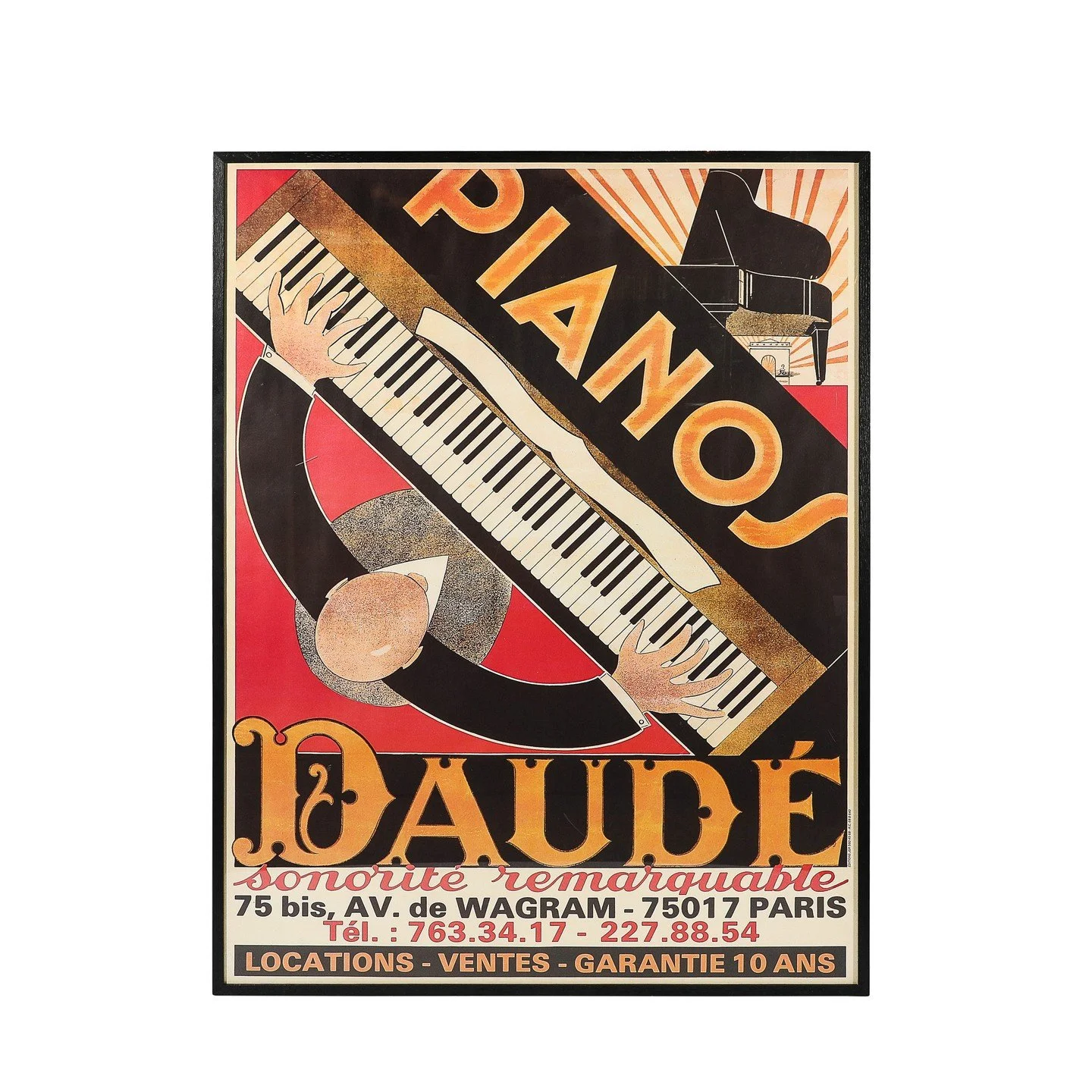 Art Deco Lithograph Posted Entitled &quot;Pianos Daude&quot; by Andre Daude

France, C. 1926

Dimensions:

Frame - Height: 63 in (160.02 cm) x Width: 47.5 in (120.65 cm) x Depth: 2 in (5.08 cm)

Sheet - Height: 61.75&quot; x Width: 46.75&quot;

Creat