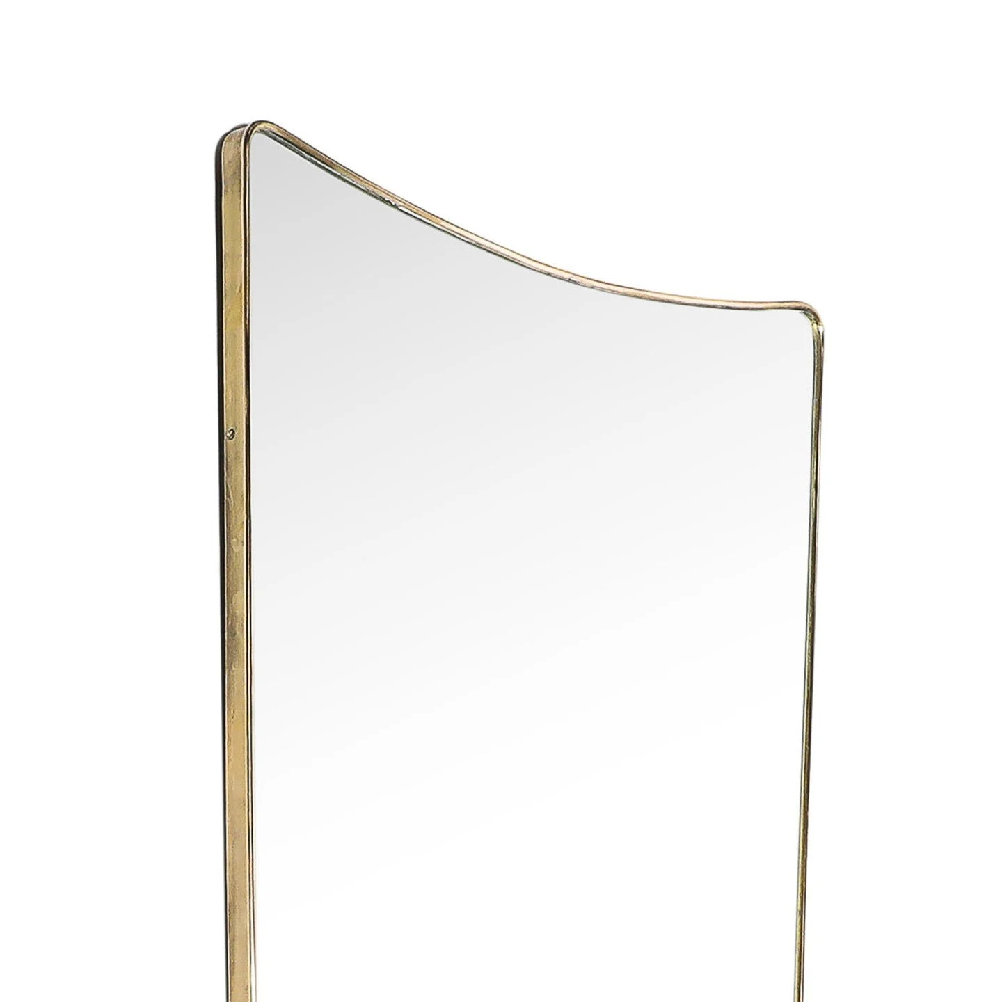Mid-Century Modernist Elongated Brass Wrapped Mirror with Curved Top Detailing

Italy, circa 1950

Dimensions: 

Height: 68 in (172.72 cm) x Width: 24 in (60.96 cm) x Depth: 1 in (2.54 cm)

Width at Bottom: 19.5&quot;
.
.
.
.
.
#antiquefurniture
#vin