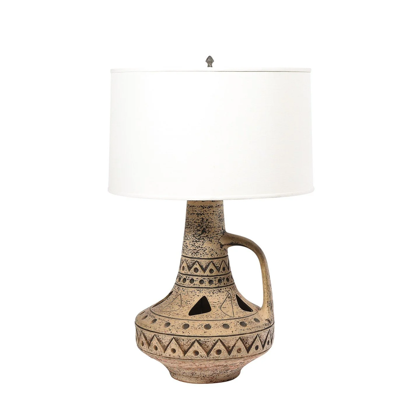 Mid-Century Ceramic Table Lamp w/ Geometric Umber Motifs &amp; Organic Cutout Detail

France, Circa 1950

Dimensions:

Height: 37.5 in (95.25 cm) x Diameter: 24 in (60.96 cm)

Diameter of Body: 18&quot;
.
.
.
.
.
#antiquefurniture
#vintagefurniture
#
