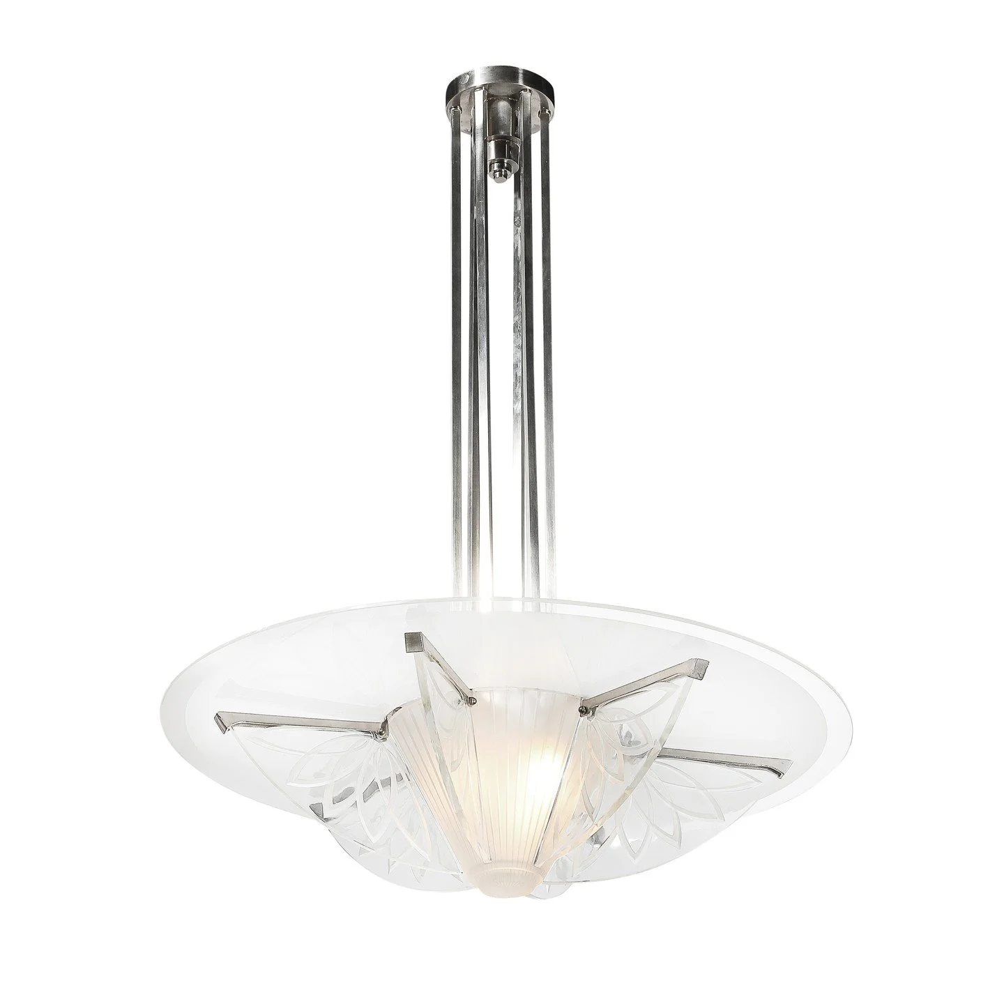 Art Deco Machine Age Frosted, Etched Glass &amp; Nickel Chandelier by Pierre D'Avsen

France, Circa 1930

Dimensions: 

Overall Height: 38 in (96.52 cm) x Diameter: 26 in (66.04 cm)

Body Height: 8&quot;

Creator: Pierre D'Avesn (Maker)
.
.
.
.
.
#an