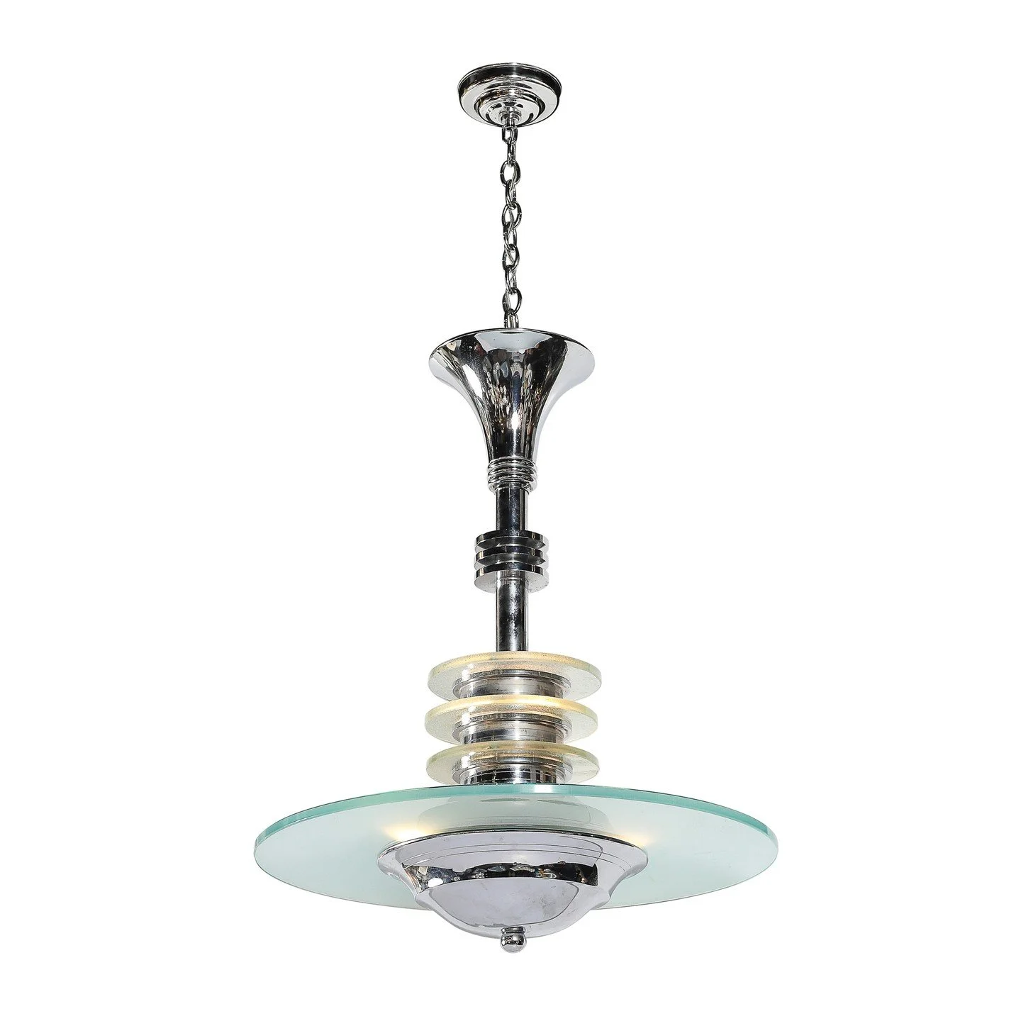 Art Deco Machine Age Chrome &amp; Glass Pendant Chandelier

France, Circa 1935

Dimensions: 

Height: 46 in (116.84 cm) x Diameter: 23 in (58.42 cm)

Height of Body: 29&quot;
.
.
.
.
.
#antiquefurniture
#vintagefurniture
#antiques
#furniturelovers
#a