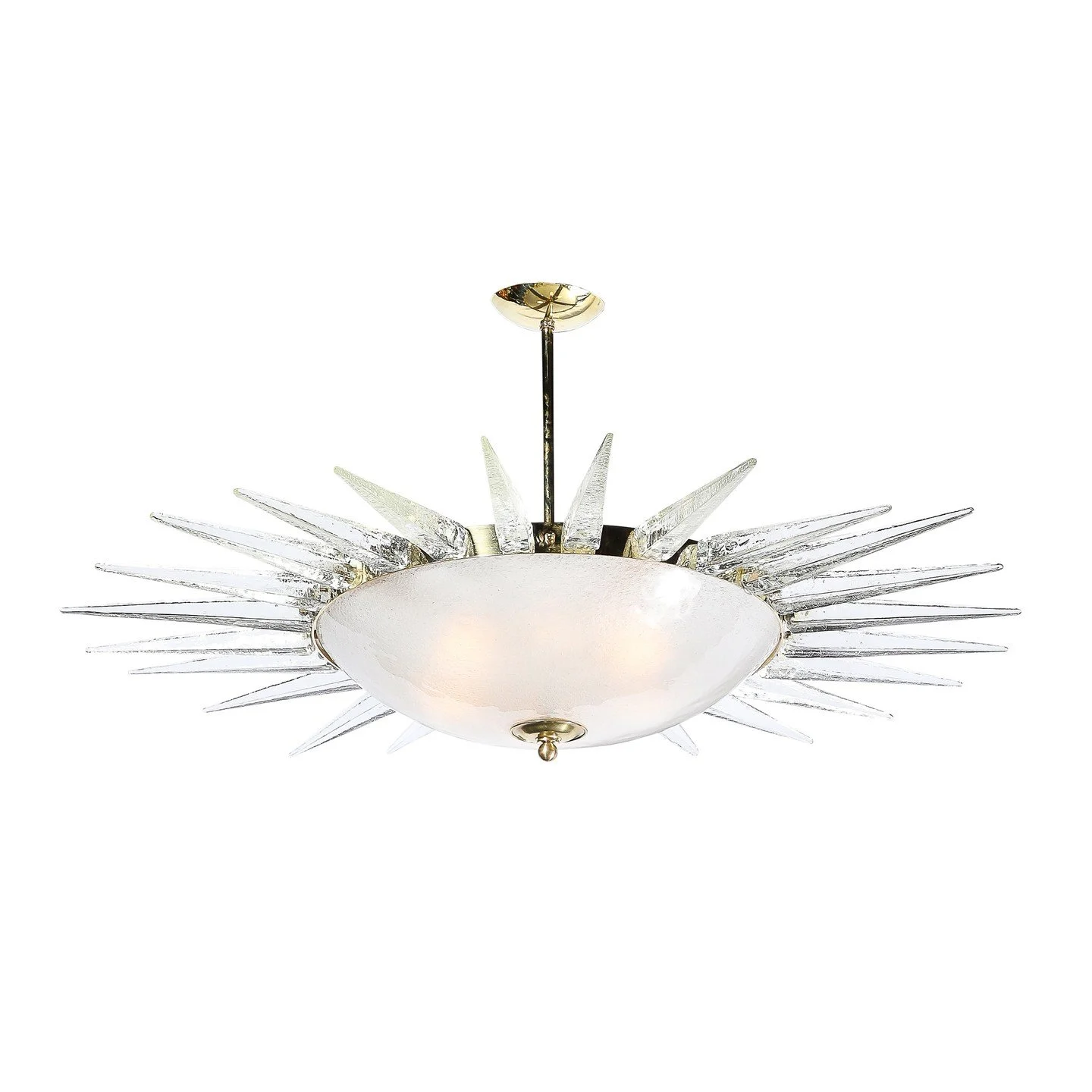 Modernist Brass Fitted Hand-Blown Murano Glass Starburst Spike Form Chandelier

Italy, 20th Century

Dimensions: 

Height: 24 in (60.96 cm) x Diameter: 48 in (121.92 cm)

Body Height: 9"
.
.
.
.
.
#midcenturylighting
#luxuryvintage
#interiordeco