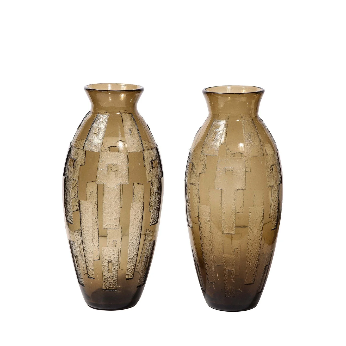 Pair of Art Deco Totem Form Vases in Acid Etched Smoked Geometric Glass by Daum

France, circa 1930

Dimensions:

Height: 20.5 in (52.07 cm) x Diameter: 8.5 in (21.59 cm)

Creator: Daum (Maker)
.
.
.
.
.
#vintagevase 
#daum 
#luxuryvintage 
#antiquev