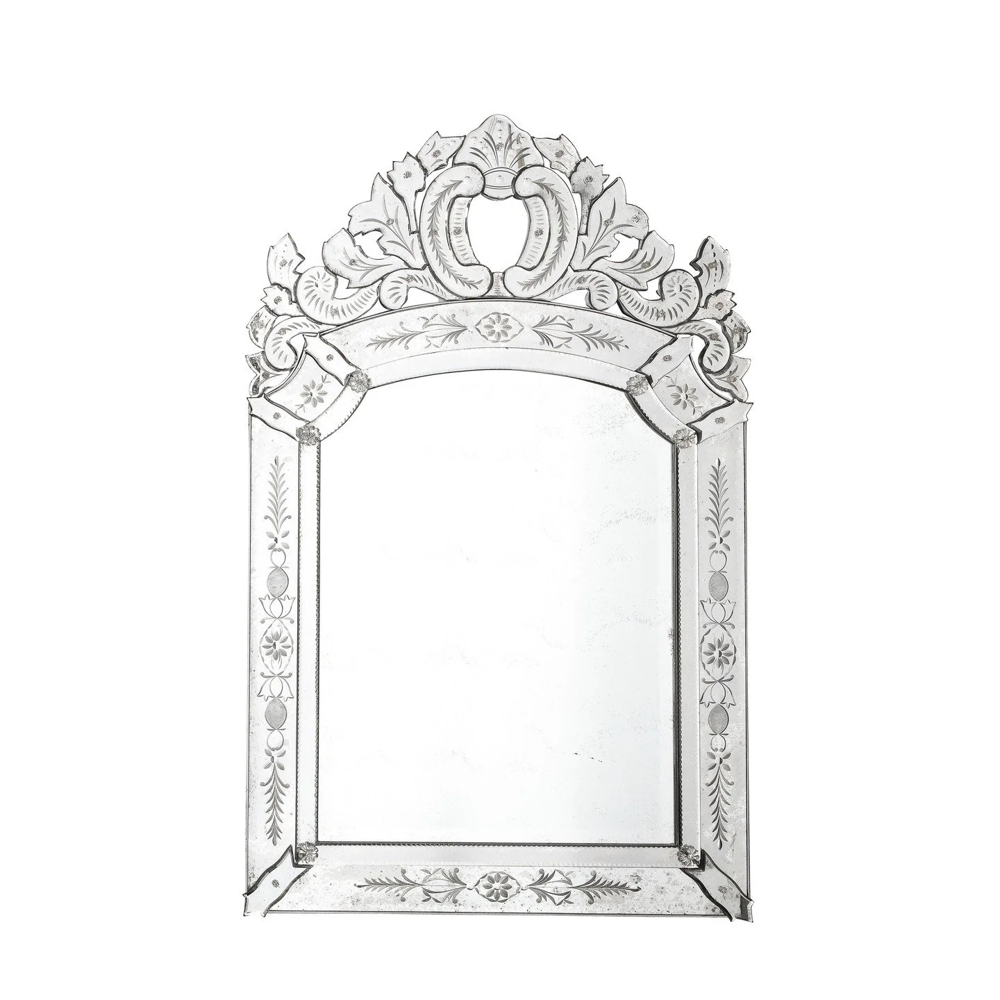 Smoked Venetian Mirror with Reversed Etching and Chain Beveling

France, circa 1950

Dimensions:

Height: 55 in (139.7 cm) x Width: 33 in (83.82 cm) x Depth: 1.25 in (3.18 cm)
.
.
.
.
.
#vintagemirror 
#vintageluxury 
#venetianmirror 
#interiordecora