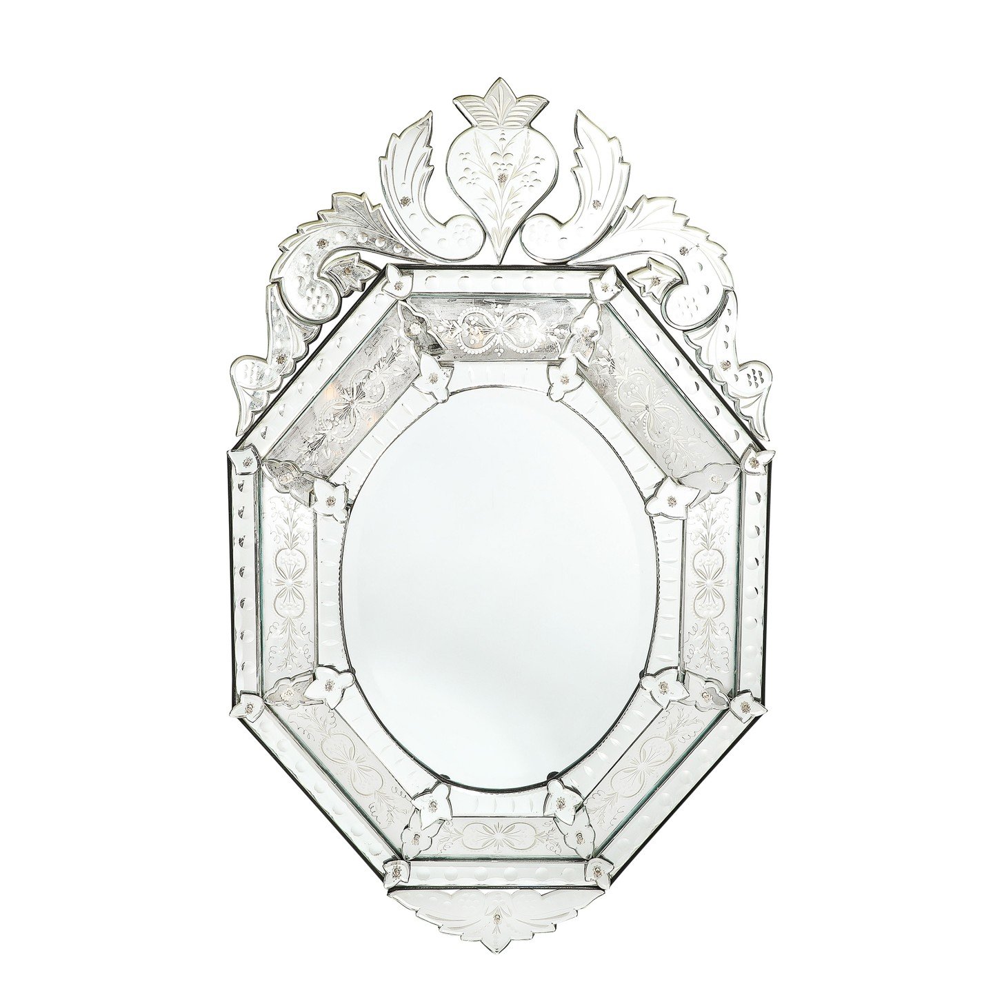 Mid-Century Octagonal Tiered-Reversed Etched &amp; Chain Beveled Venetian Mirror

Italy, Circa 1950

Dimensions: 

Height: 48 in (121.92 cm) x Width: 29 in (73.66 cm) x Depth: 3.5 in (8.89 cm)
.
.
.
.
.
#vintagemirror
#vintageluxury
#venetianmirror
#