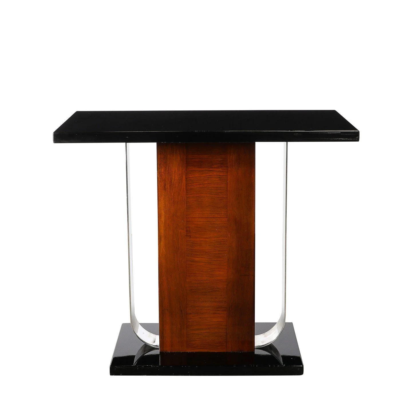 Art Deco Machine Age Console Table in Walnut, Lacquer &amp; Banded Nickeled Supports

American, Circa 1935

Dimensions: 

Height: 30.25 in (76.84 cm) x Width: 34 in (86.36 cm) x Depth: 15 in (38.1 cm)
.
.
.
.
#artdecoconsole
#artdecofurniture
#vintag