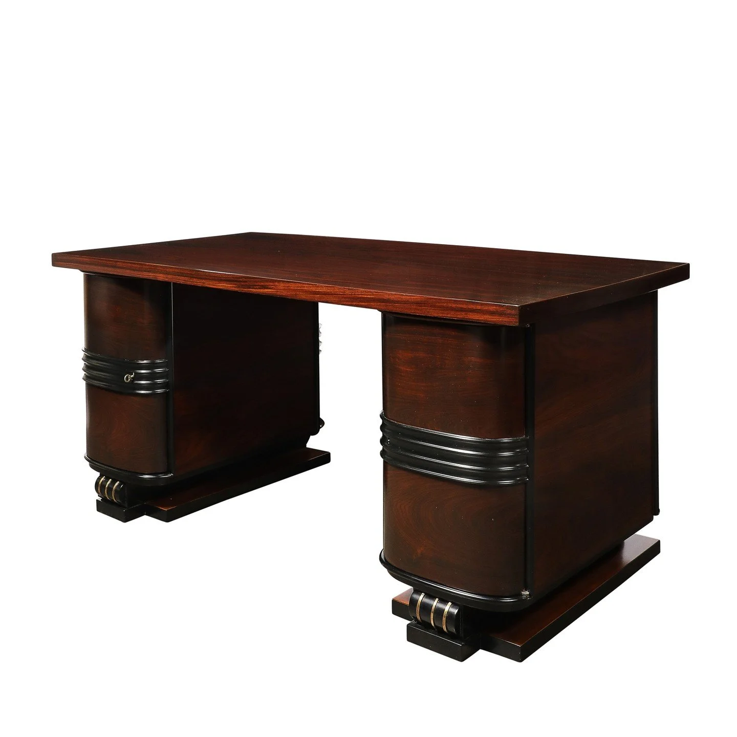 Art Deco Machine Age Partner Desk in Rosewood with Ebonized Fluted Detailing

France, Circa 1940

Dimensions: 

Height: 29.5 in (74.93 cm) x Width: 63 in (160.02 cm) x Depth: 31 in (78.74 cm)

Seat Opening - Height: 27.75" x Width: 29.5"
.
