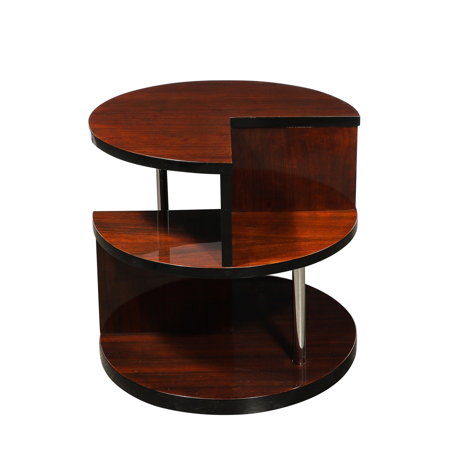 Art Deco Machine Age 3-Tier Walnut Occasional Table with Chrome Rod Supports

American, Circa 1935

Dimensions: 

Height: 22 in (55.88 cm) x Diameter: 24 in (60.96 cm)
.
.
.
.
#artdecotable
#vintagetable
#artdecofurniture
#interiordesigners
#interior