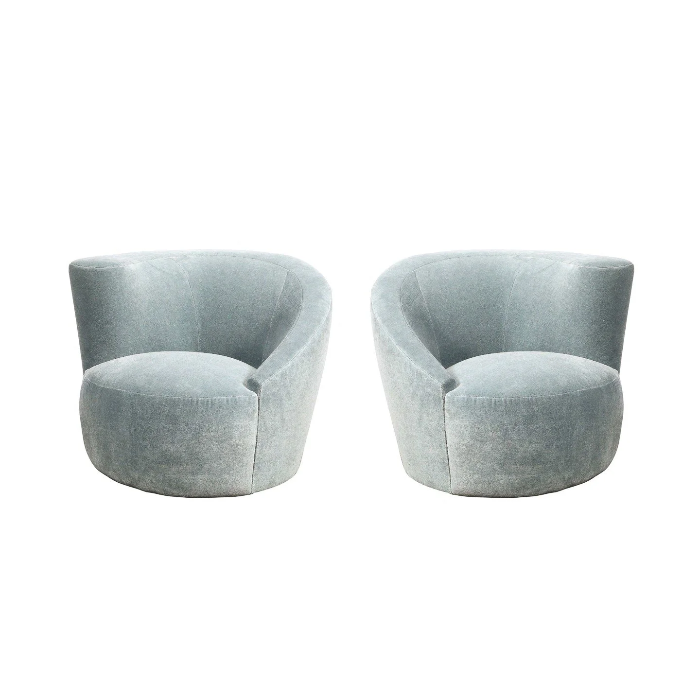 Pair of Powder Blue Mohair Velvet Swiveling "Nautilus" Chairs by Vladimir Kagan

American, Circa 1980

Dimensions: 

Height: 28 in (71.12 cm) x Width: 35.5 in (90.17 cm) x Depth: 37.5 in (95.25 cm)

Seat Height: 18 in (45.72 cm)
.
.
.
.
#vl
