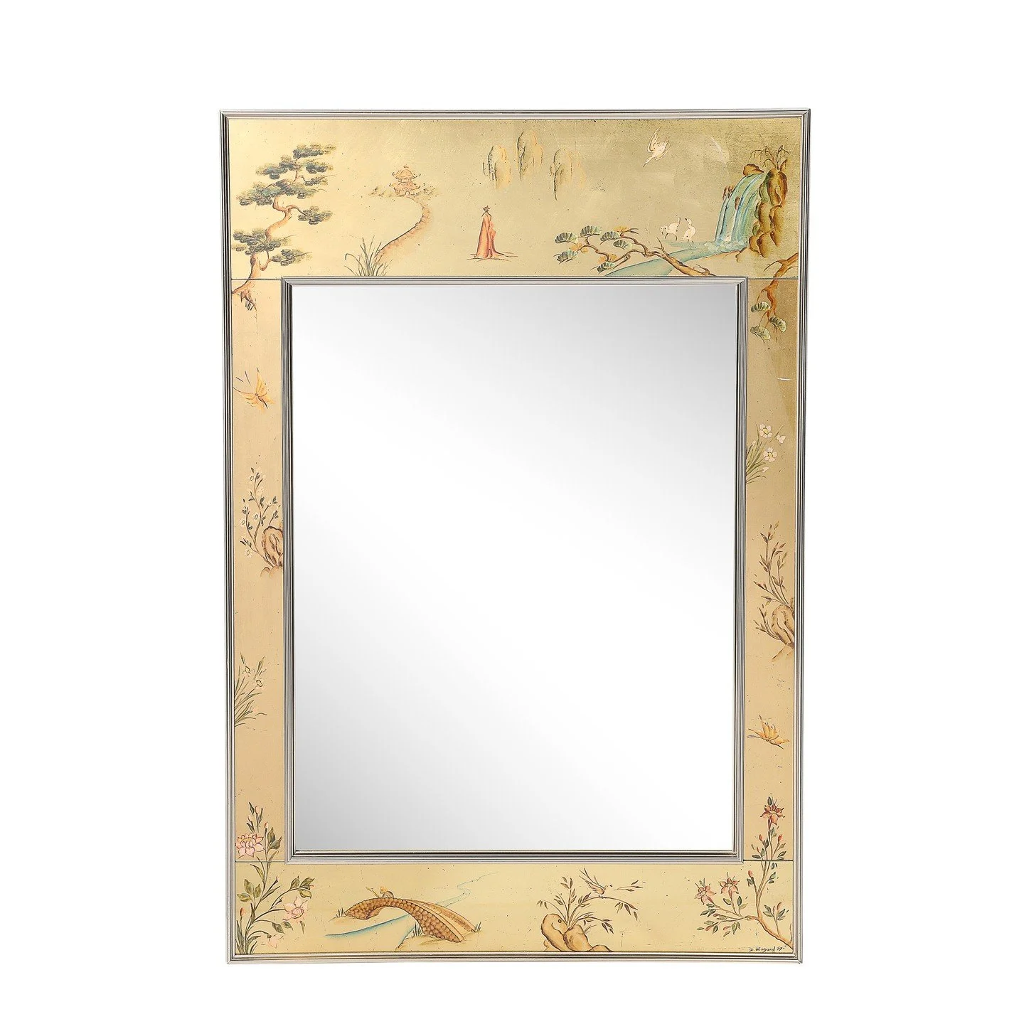 Mid-Century Gilt Eglomise w/ Brass Border Mirror signed D Wingard for Labarge

American, circa 1977

Dimensions: 

Overall - Height: 42 in (106.68 cm) x Width: 28.5 in (72.39 cm) x Depth: 1.75 in (4.45 cm)

Mirror Pane - Height: 28" x Width: 21.