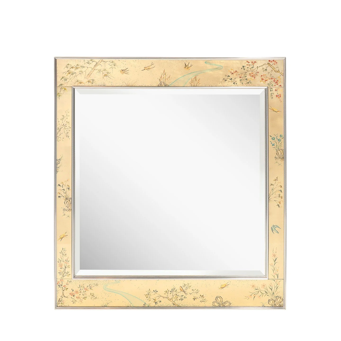 Mid-Century Gilt Eglomise Chinoiserie Narrative Border Mirror Signed J Beukema

American, circa 1981

Dimensions: 

Height: 42.25 in (107.32 cm) x Width: 38.25 in (97.16 cm) x Depth: 1.75 in (4.45 cm)

Viewing Pane: Height: Width: 31.5"
.
.
.
.
