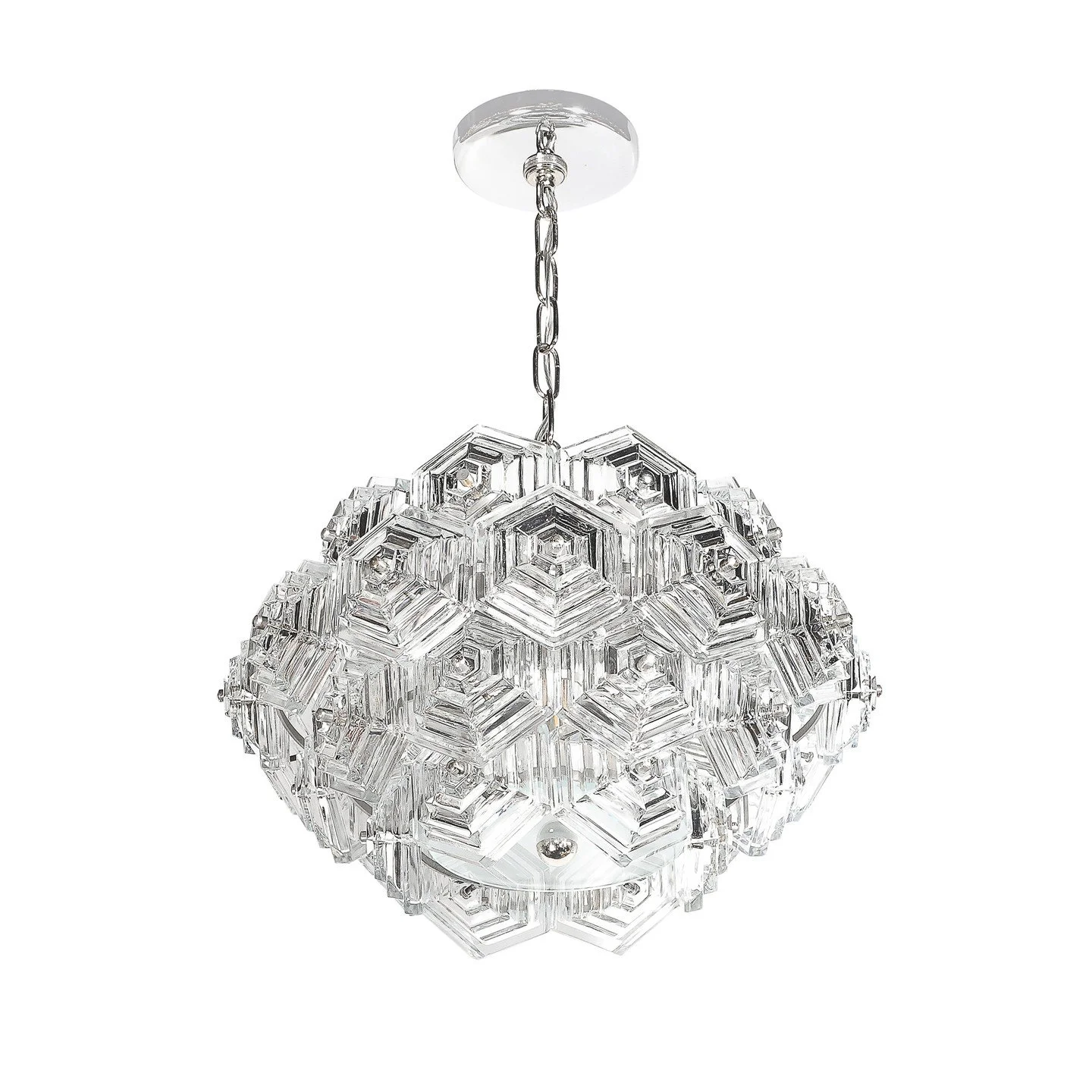 Mid-Century Hexagonal Prism &amp; Frosted Glass Diffuser Chandelier by Veb Ebersbach

Germany, Circa 1960

Dimensions:

Overall Height: 21 in (53.34 cm) x Diameter: 17 in (43.18 cm)

Body Height: 10"
.
.
.
.
#midcenturylighting
#midcentury
#vint