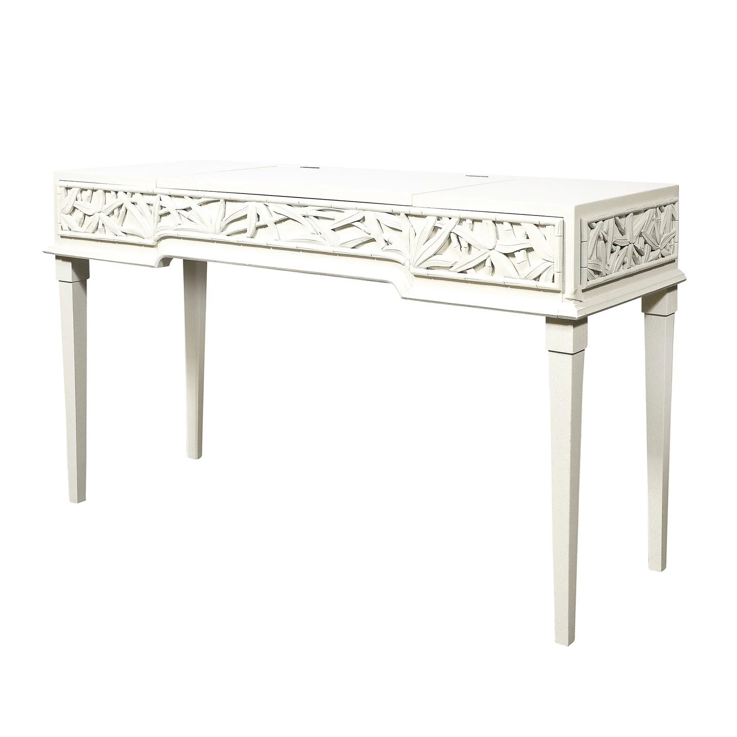 Mid-Century Vanity/Writing Desk w/ Carved Bamboo Motif Signed James Mont

American, Circa 1950

Dimensions: 

Height: 28.5 in (72.39 cm) x Width: 49.5 in (125.73 cm) x Depth: 16.75 in (42.55 cm)

Seat Opening - Height: 22.5" x Width: 22"

C