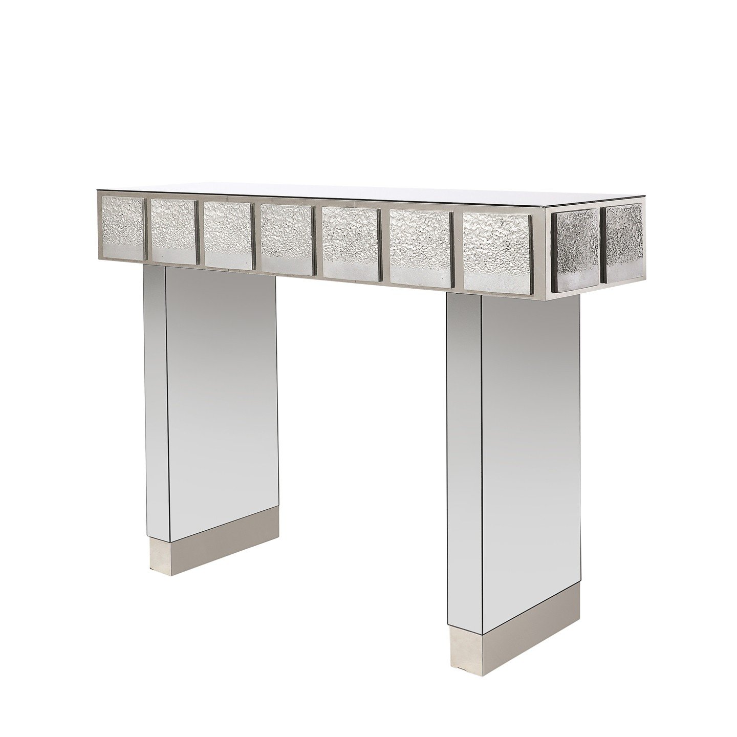 Modernist Mirrored &amp; Polished Steel Console Table w/ Brutalist Tile Motif

Italy, 20th Century

Dimensions: 

Height: 35 in (88.9 cm) x Width: 50 in (127 cm) x Depth: 15 in (38.1 cm)
.
.
.
.
.
#vintageconsole
#madeinitaly
#mirroredconsole
#interi