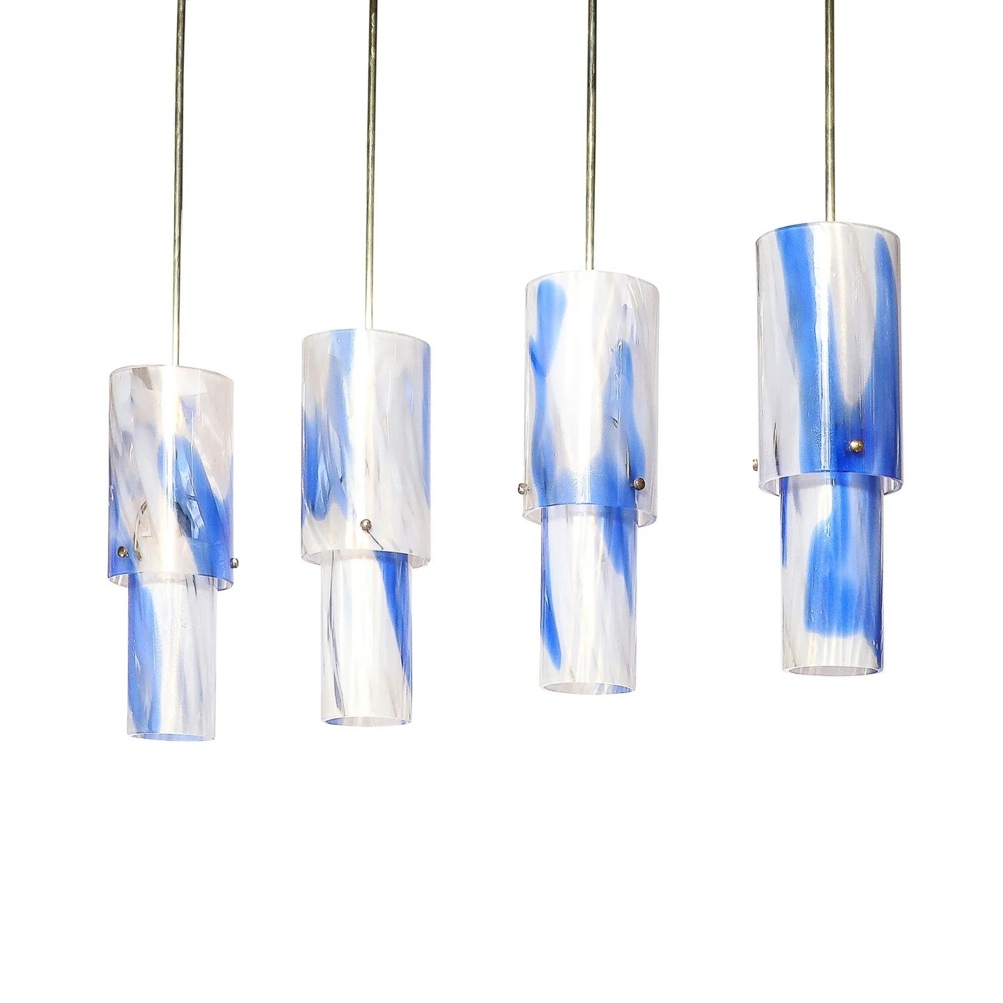 Set of 4 Mid-Century Blue &amp; White Murano Glass Cylindrical Pendants by Venini

Italy, Circa 1960

Dimensions: 

Overall Height: 38 in (96.52 cm) x Diameter: 5.5 in (13.97 cm)

Body Height: 16"

Creator: Venini (Maker)
.
.
.
.
.
#venini
#midc