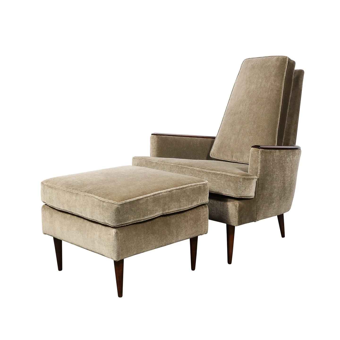 Mid-Century Walnut &amp; Smoked Taupe Mohair Curved Arm Lounge Chair &amp; Ottoman

American, Circa 1960

Dimensions:

Chair - Height: 39" x Width: 30.5" x Depth: 36" - Seat Height: 18.5"

Ottoman - Height: 17.5" x Width: 22&