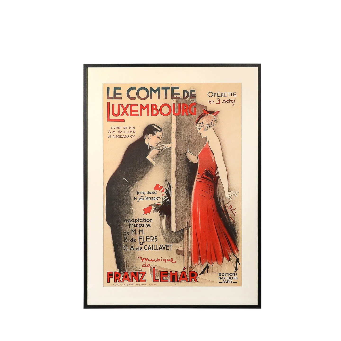 Art Deco Lithograph Poster Franz Lehar, Le Comte de Luxembourg by Georges Dola

France, Circa 1934

Dimensions:

Frame - Height: 55 in (139.7 cm) x Width: 40 in (101.6 cm) x Depth: 1.25 in (3.18 cm)

Canvas - Height: 45.5" x Width: 31"

Cre