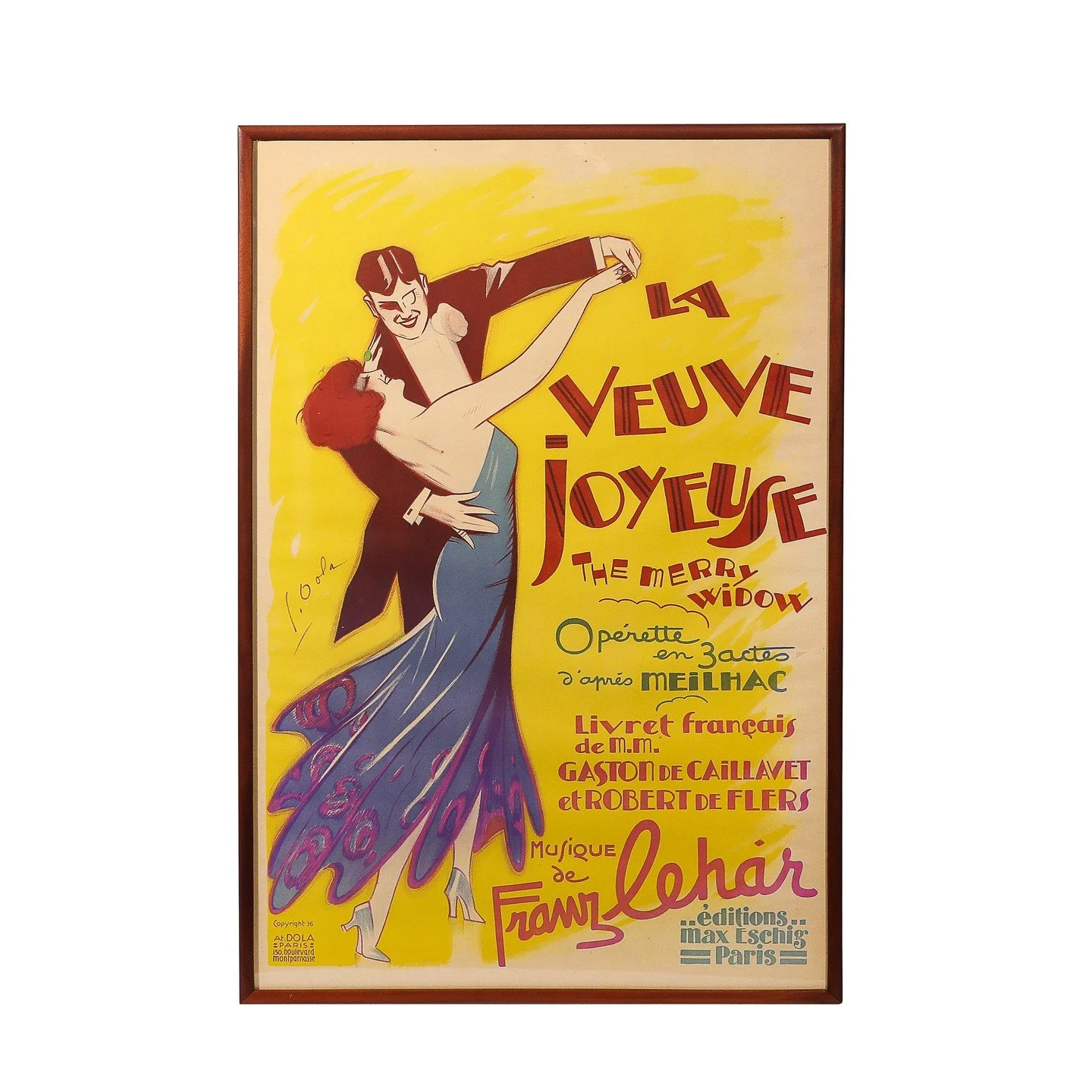 Art Deco La Veuve Joyeuse 1936 Original French Operetta Poster by Georges Dola

France, C. 1936

Dimensions:

Frame - Height: 48 in (121.92 cm) x Width: 32 in (81.28 cm) x Depth: 1.5 in (3.81 cm)

Sheet - Height: 46.5" x Width: 30.5"

Creat