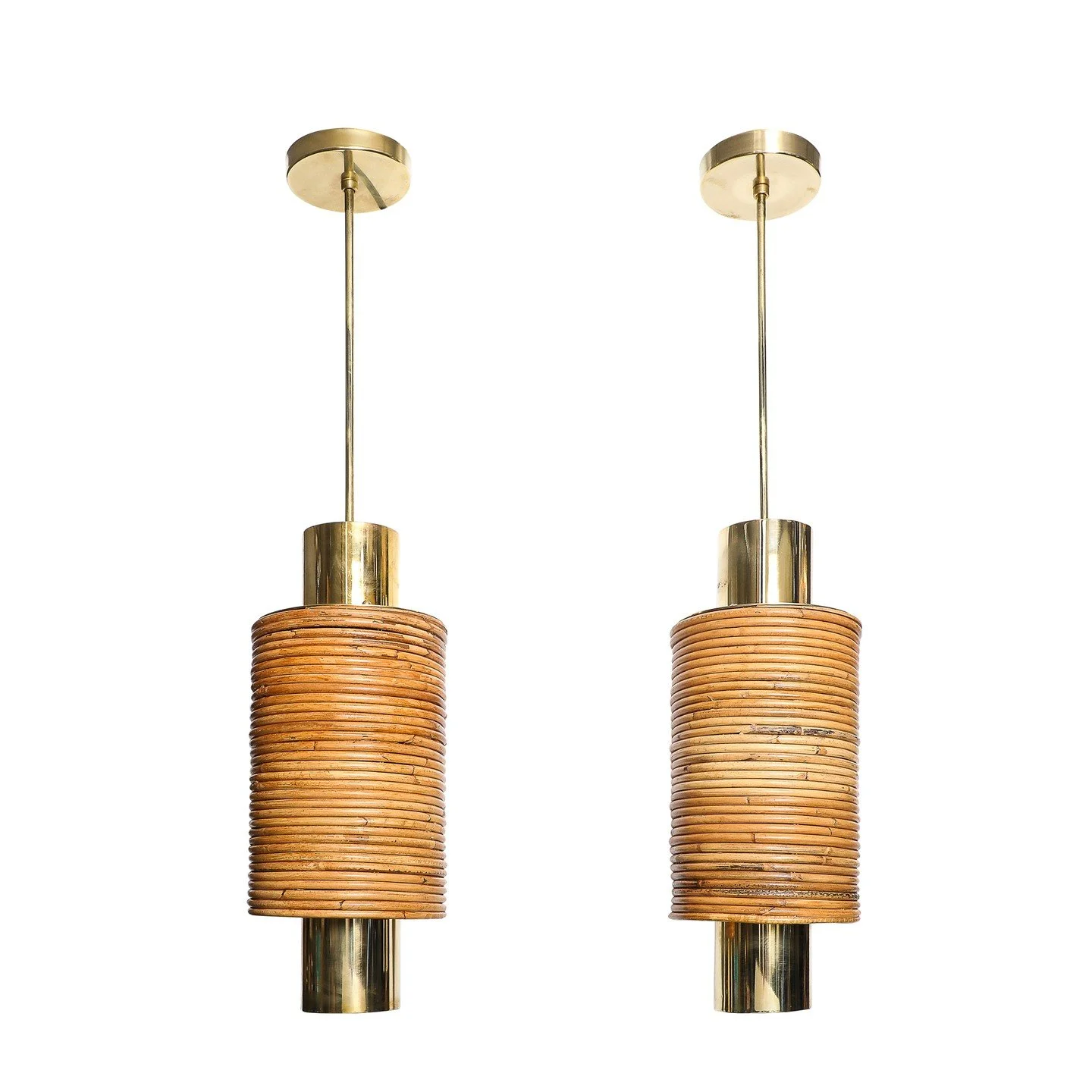 Mid-Century Tiered Cylindrical Pendants in Wrapped Rattan and Polished Brass

Italy, Circa 1970

Dimensions: 

Overall Height: 36 in (91.44 cm) x Diameter: 8 in (20.32 cm)

Body Height: 20"
.
.
.
.
.
#midcenturypendant
#vintagelighting
#interior