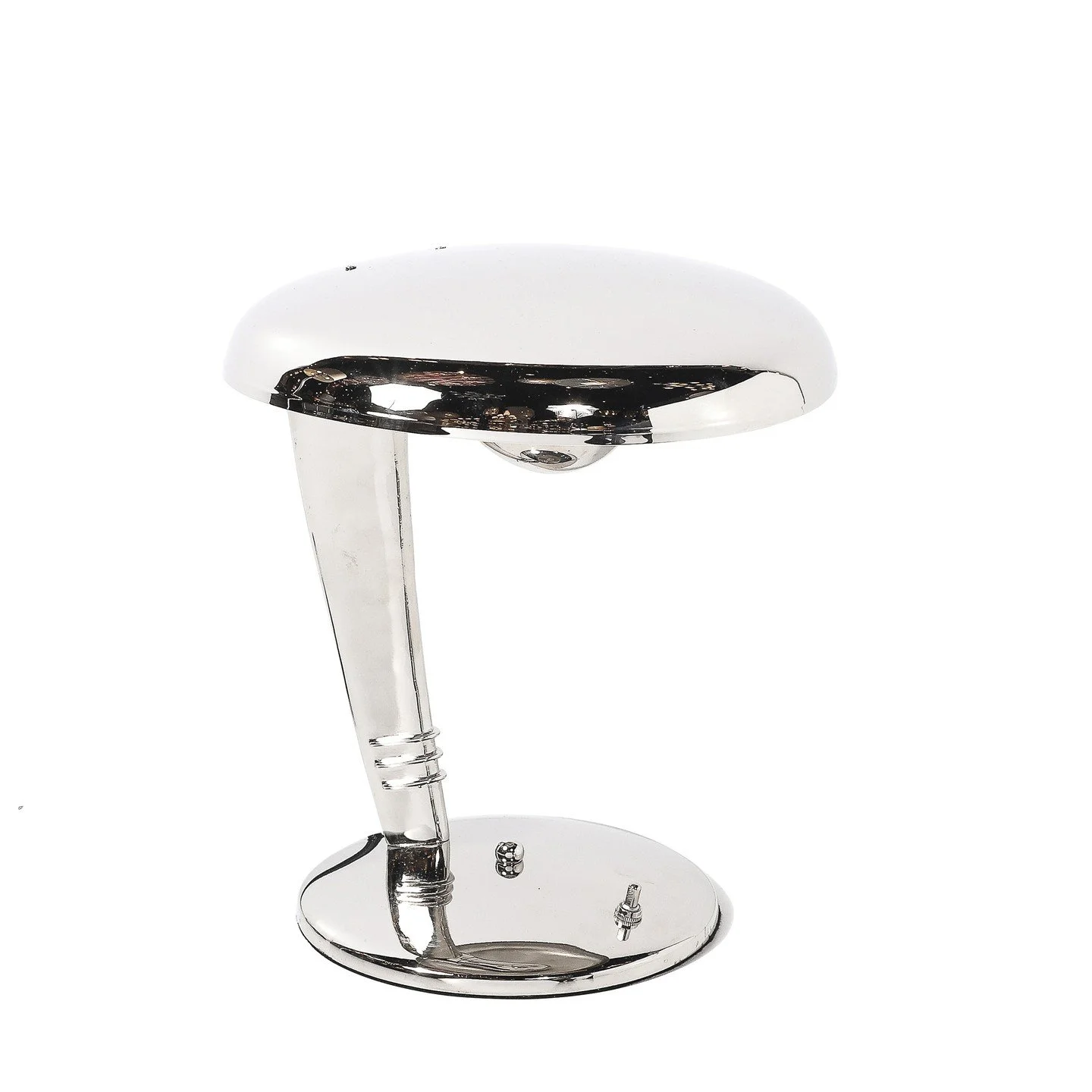 Art Deco Streamlined Nickel "Cobra" Table Lamp by Norman Bel Geddes for Faries

United States, circa 1940

Dimensions:

Height: 12.5 in (31.75 cm) x Diameter: 11.5 in (29.21 cm)

Condition: Excellent. Rewired.

Creator: Norman Bel Geddes (D