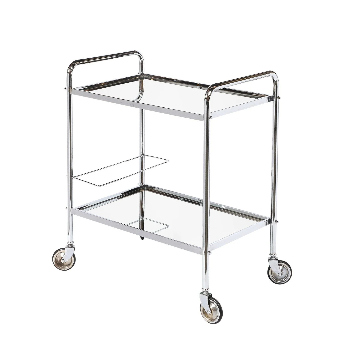 Art Deco Machine Age Two-Tier Tubular Bar Cart in Chrome &amp; Mirror

American, 20th Century

Dimensions: 

Height: 27.5 in (69.85 cm) x Width: 24 in (60.96 cm) x Depth: 14.25 in (36.2 cm)
.
.
.
.
.
#vintagebarcart
#barcart
#interiordesigners
#inter