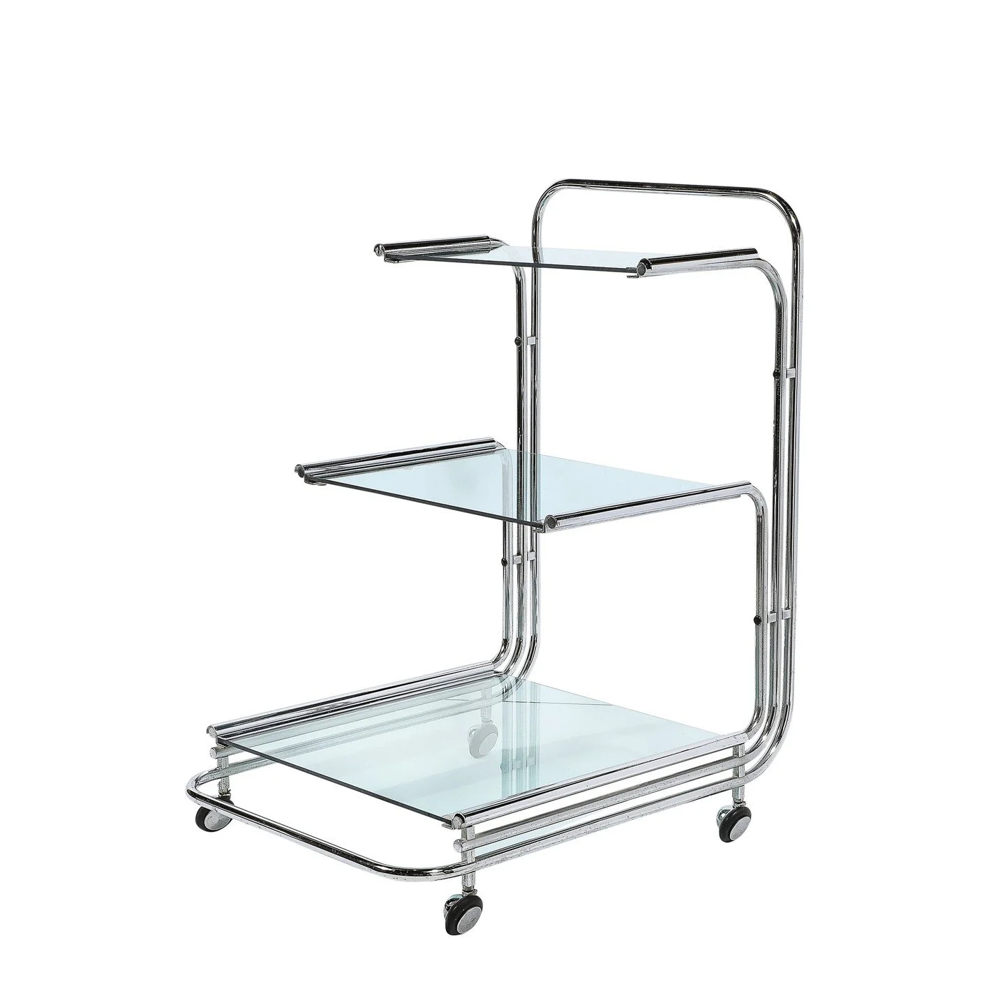 Art Deco Streamline Three Tier Chrome &amp; Glass Bar Cart W/ Removable Trays

American, Circa 1935

Dimensions:

Height: 33 in (83.82 cm) x Width: 20 in (50.8 cm) x Depth: 27 in (68.58 cm)
.
.
.
.
.
#interiordesigners
#interiordecoration
#vintagebar