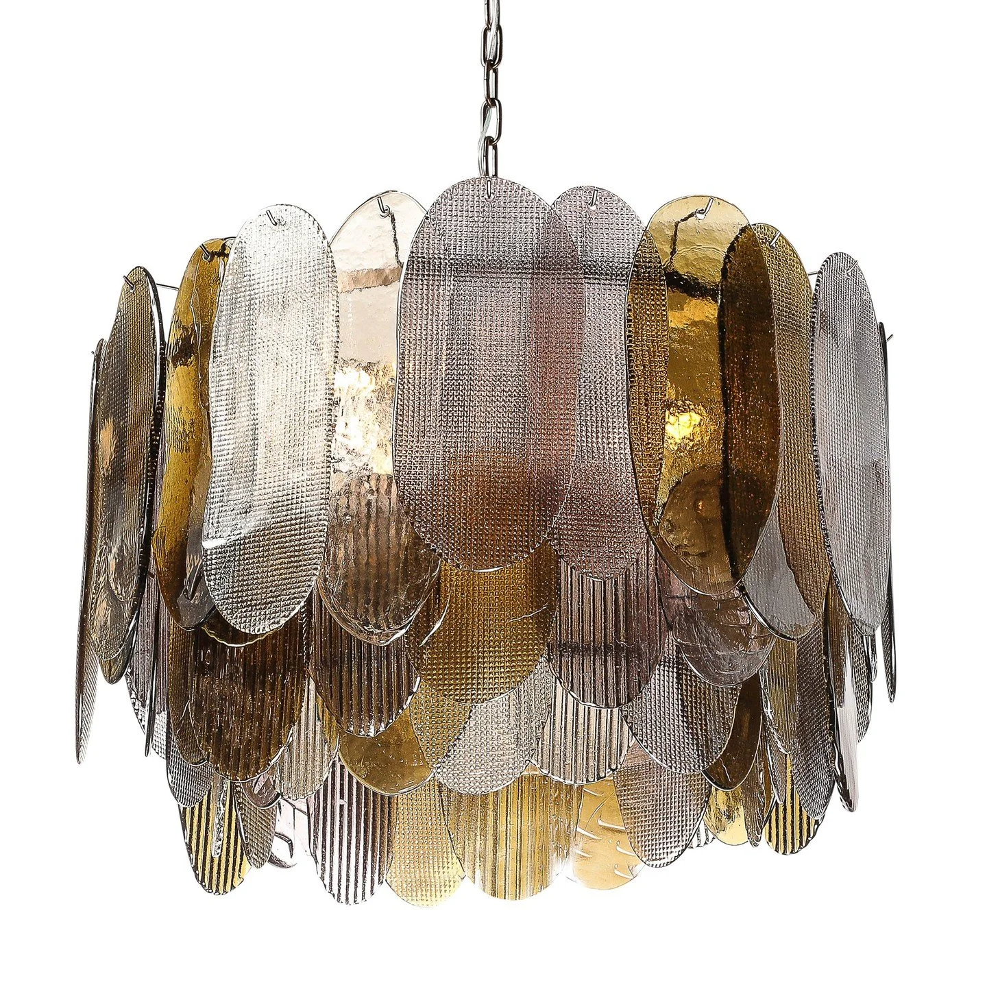 Modernist Round 3-Tier Hand-Blown Murano Glass Chandelier W/ Oval Reeded Shades

Italy, 21st Century

Dimensions:

Height: 48 in (121.92 cm) x Diameter: 31 in (78.74 cm)

Body Height: 21"
.
.
.
.
.
#madeinitaly
#muranoglass
#interiordecoration
#