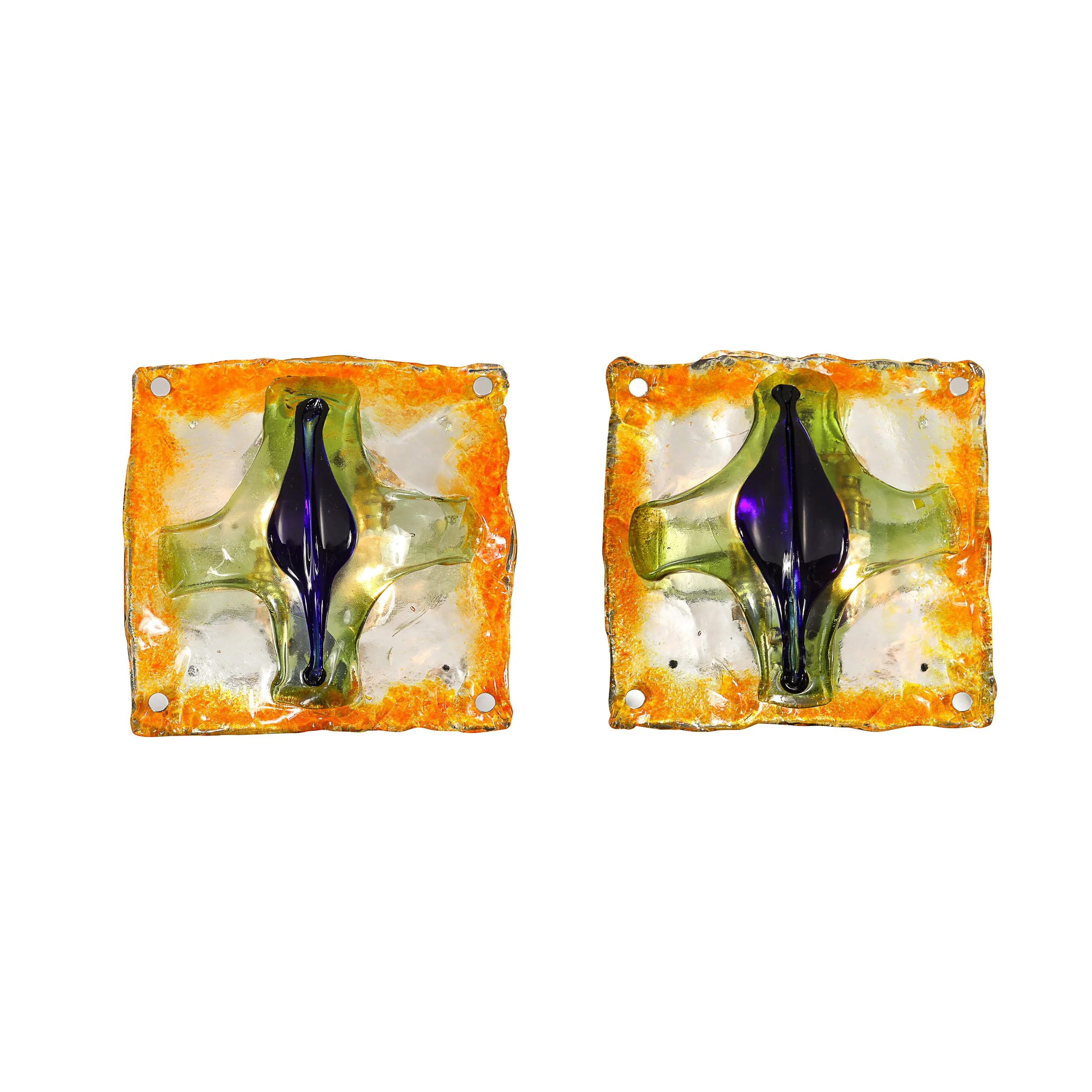 Mid-Century Hand-Blown Amber, Green &amp; Blue Murano Glass Sconces by Mazzega

Italy, Circa 1970

Dimensions: 

Height: 11.5 in (29.21 cm) x Width: 11.5 in (29.21 cm) x Depth: 5.5 in (13.97 cm)

Creator: Mazzega (Maker)
.
.
.
.
.
#mazzega
#Muranogla