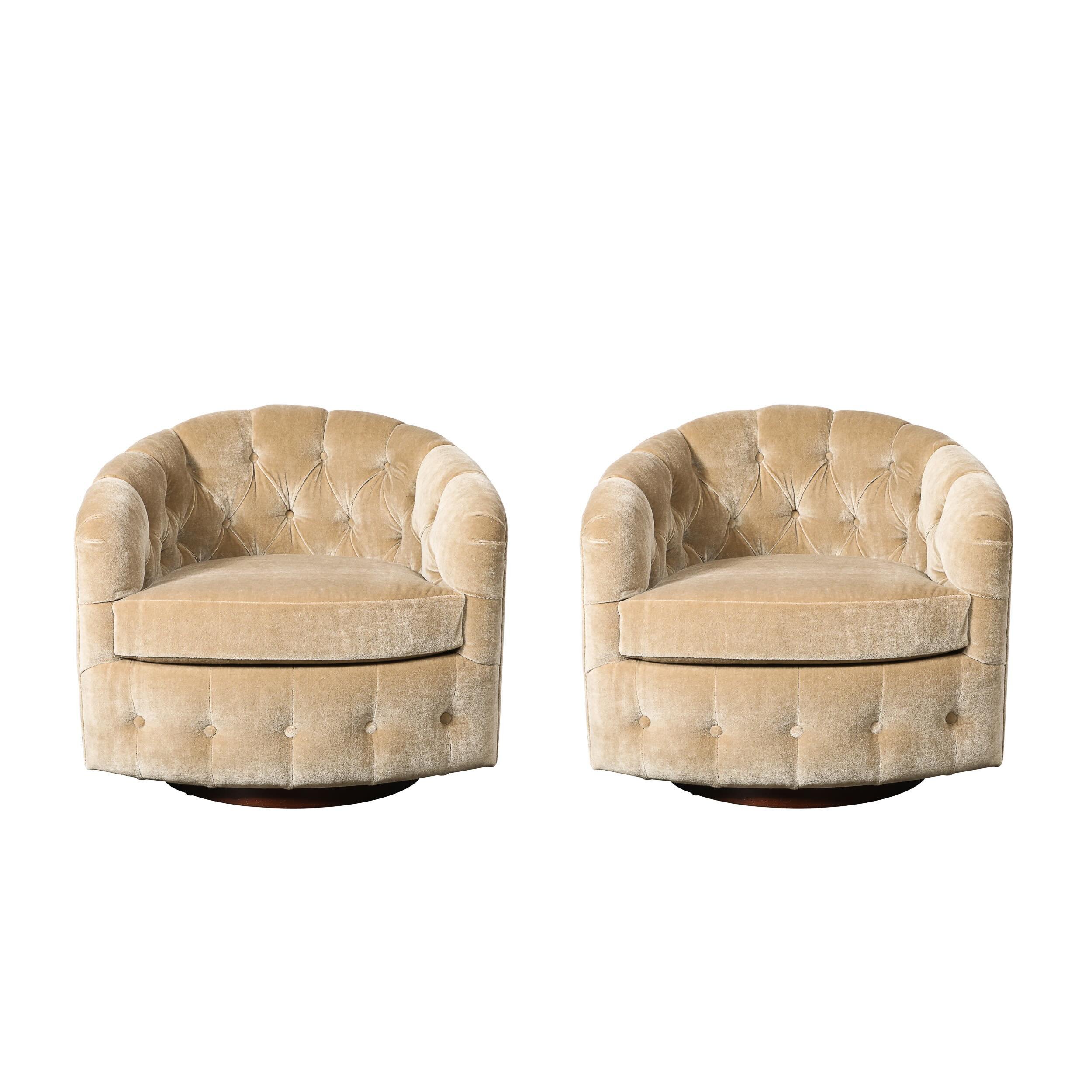 Pair of Mid-Century Biscuit Tufted Mohair Swivel Chairs signed Milo Baughman

American, Circa 1970

Dimensions: 

Height: 27 in (68.58 cm) x Width: 30 in (76.2 cm) x Depth: 29 in (73.66 cm)

Seat Height: 16.5 in (41.91 cm)

Creator: Milo Baughman (De