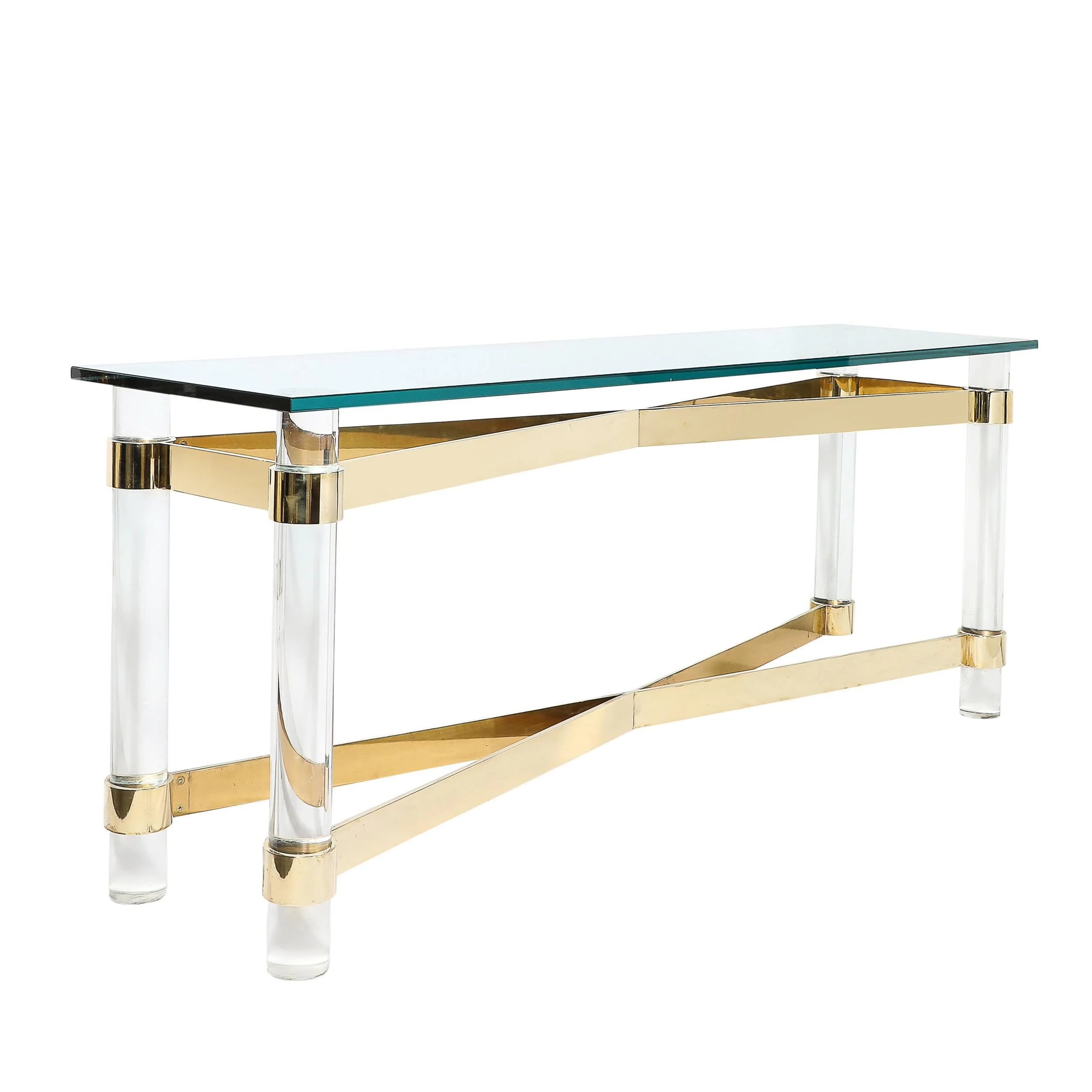 Mid-Century X Form Polished Brass &amp; Lucite Console Table by Karl Springer

American, Circa 1970

Dimensions: 

Height: 28.75 in (73.03 cm) x Width: 72 in (182.88 cm) x Depth: 18 in (45.72 cm)

Creator: Karl Springer (Maker)
.
.
.
.
#karlspringer 