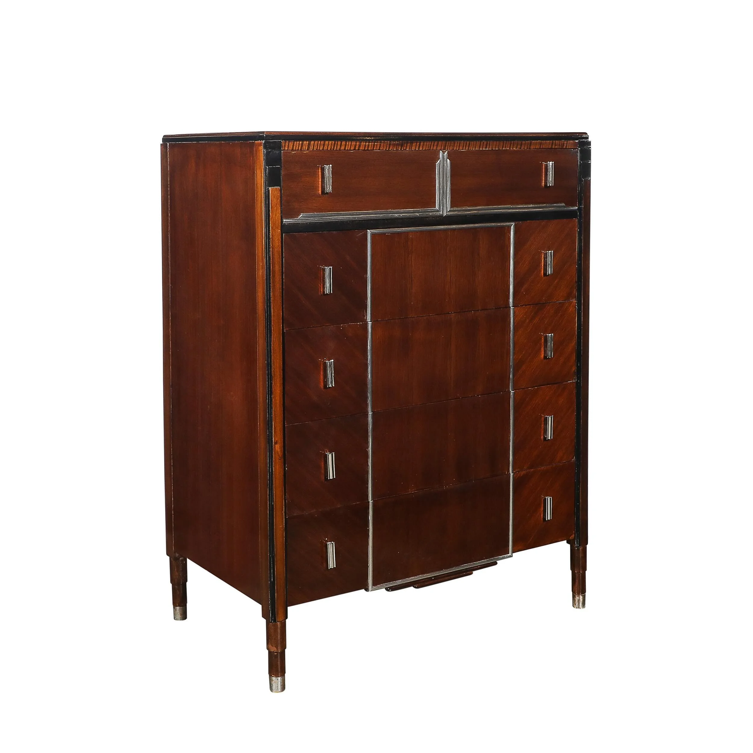 Art Deco Machine Age High Chest in Bookmatched Walnut, Black Lacquer &amp; Chrome

American, Circa 1935

Dimensions: 

Height: 48 in (121.92 cm) x Width: 36 in (91.44 cm) x Depth: 20.75 in (52.71 cm)
.
.
.
.
#artdeco #artdecofurniture #interiordesign