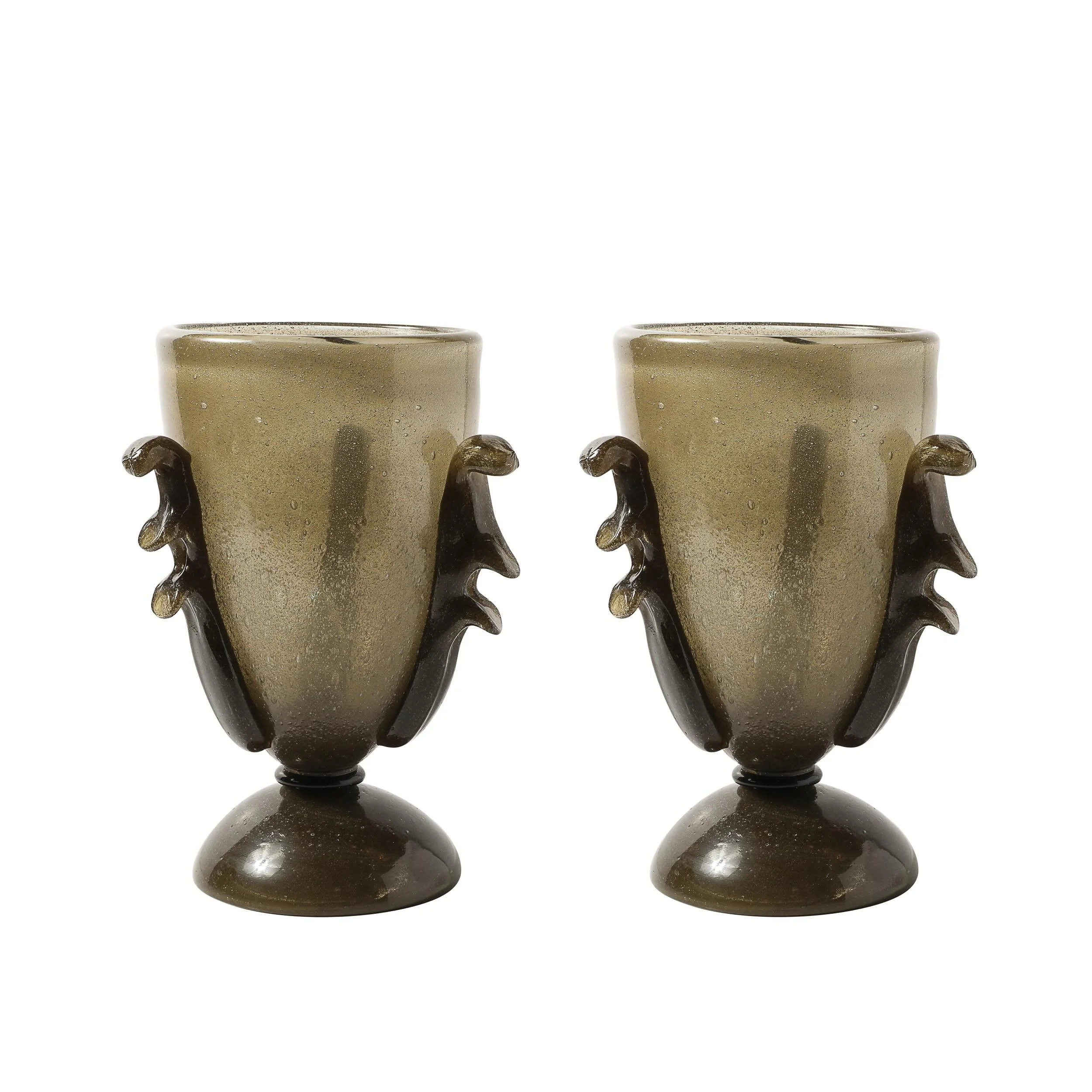 Pair of Mid-Century Sculptural Hand-Blown Smoke Murano Bullicante Glass Uplights

Italy, 20th Century

Dimensions: 

Height: 18 in (45.72 cm) x Diameter: 13 in (33.02 cm)
.
.
.
#muranoglass #vintagelighting #interiordesigners