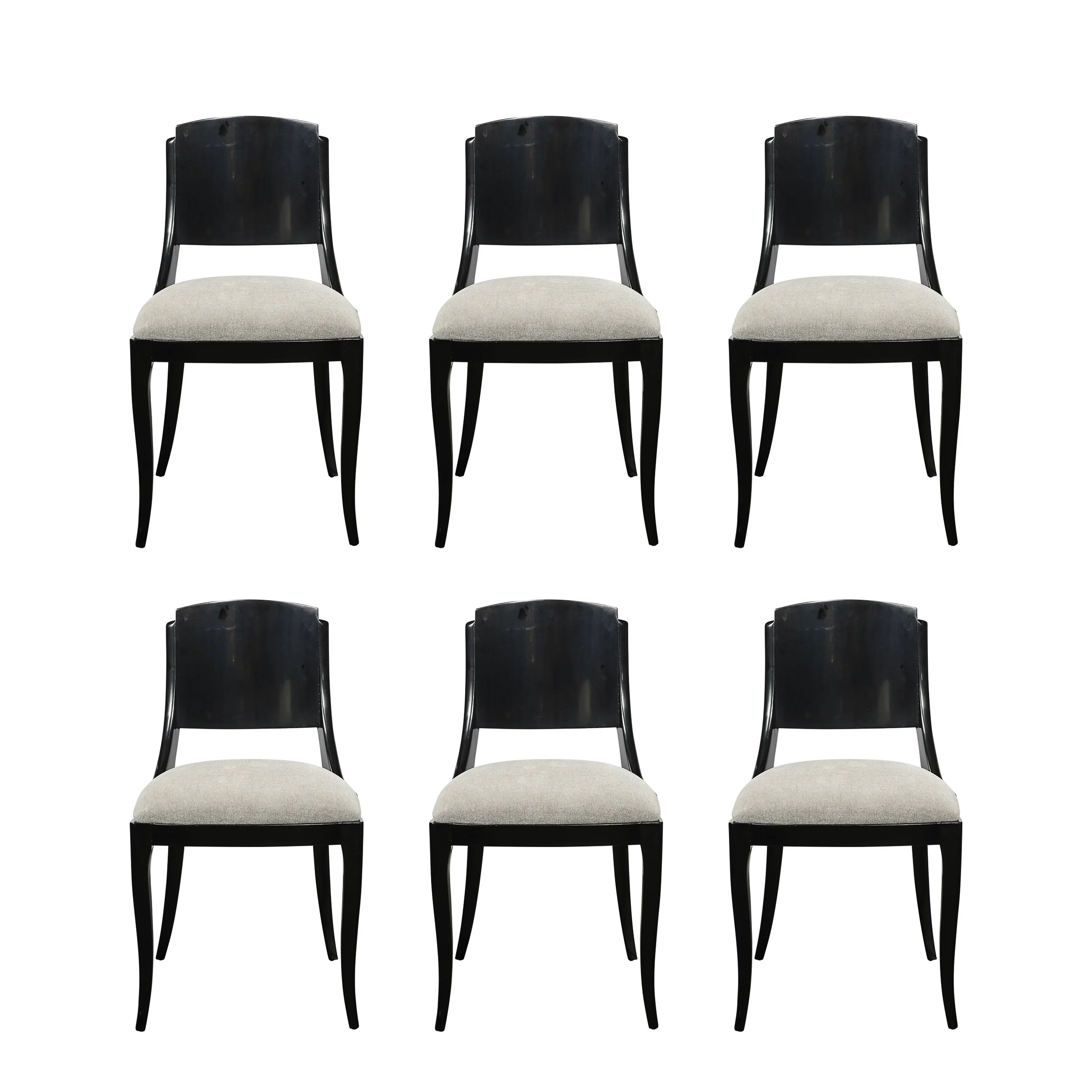 Set of Six Art Deco Sculptural Dining Chairs in Ebonized Walnut & Taupe Mohair — image 1