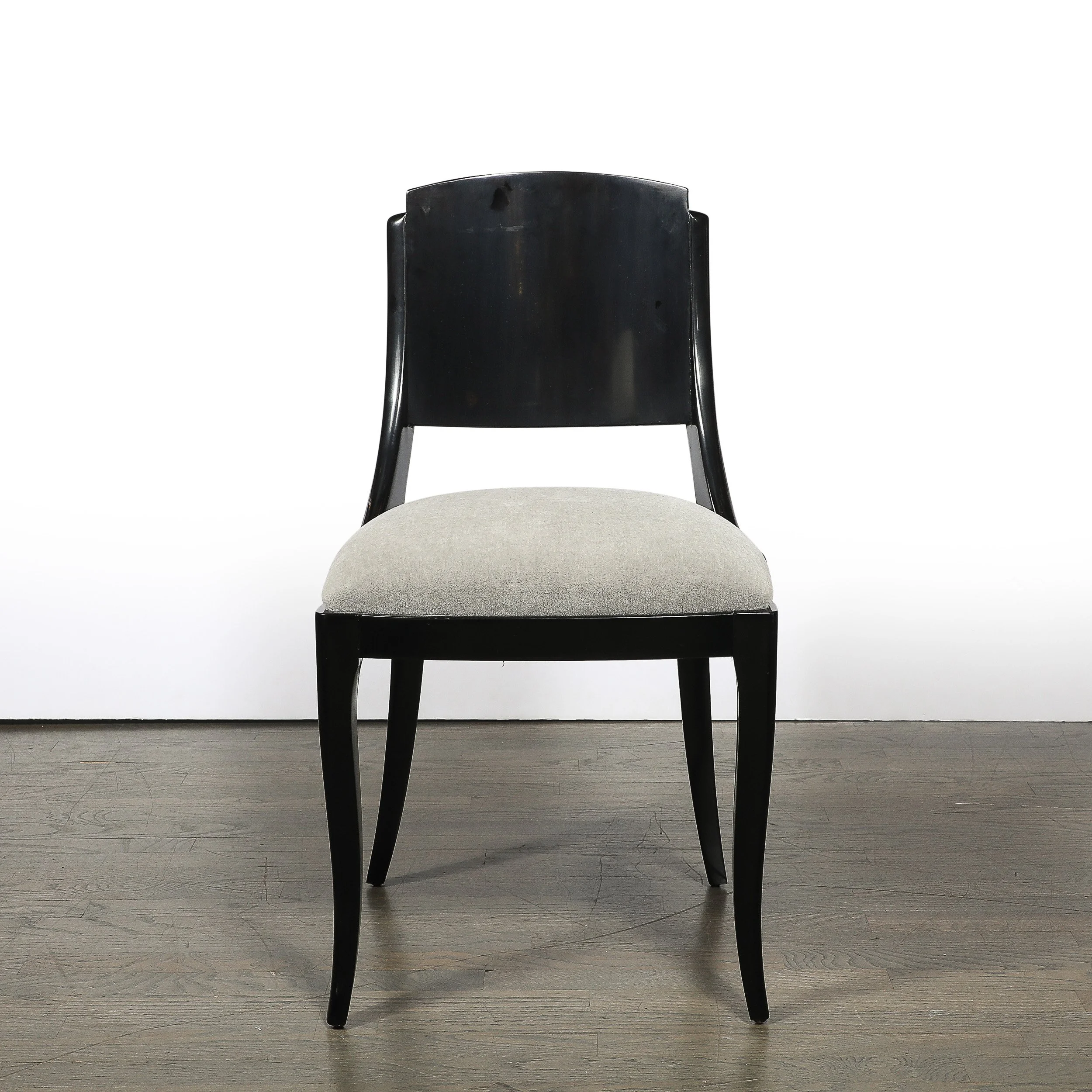 Set of Six Art Deco Sculptural Dining Chairs in Ebonized Walnut & Taupe Mohair — image 2