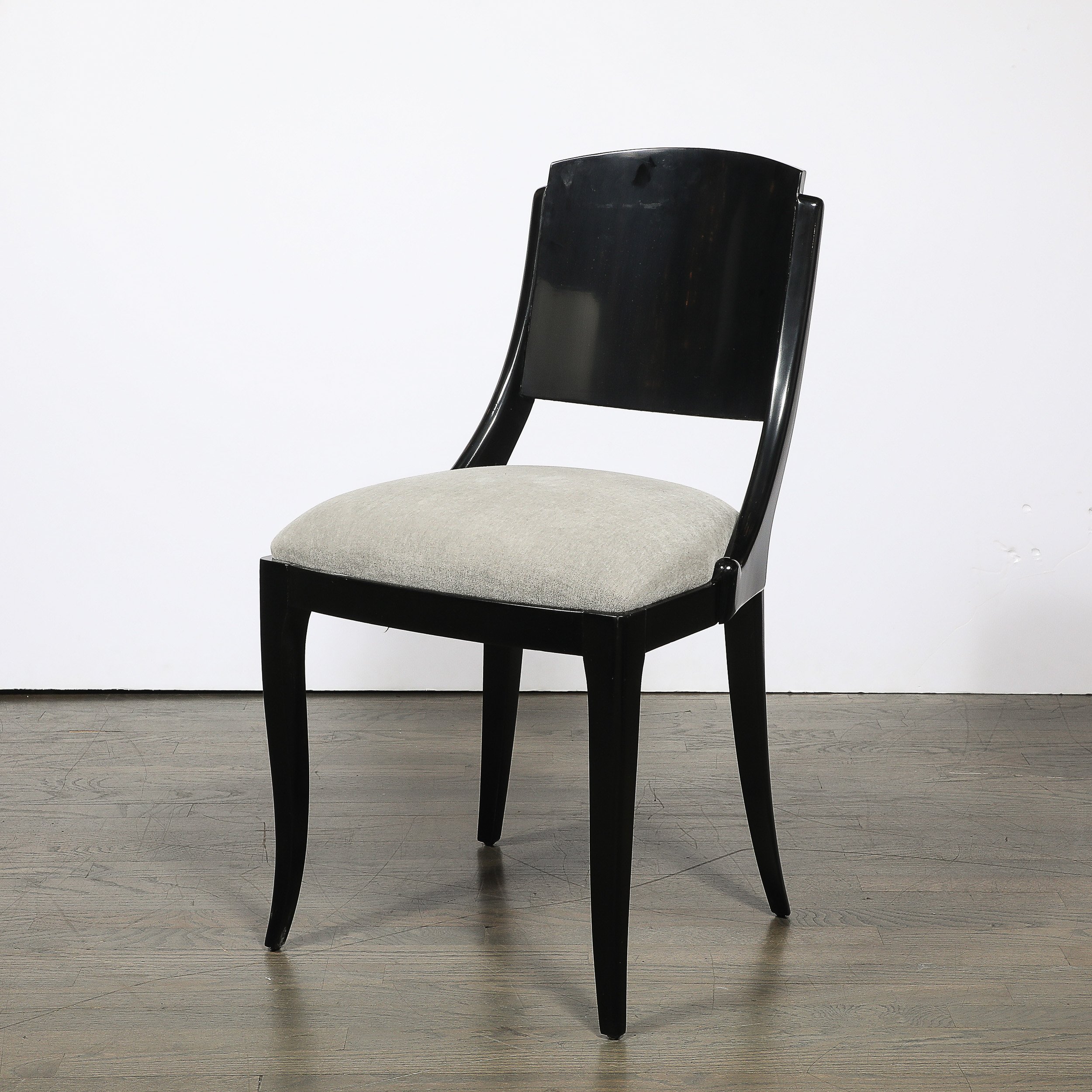 Set of Six Art Deco Sculptural Dining Chairs in Ebonized Walnut & Taupe Mohair — image 3